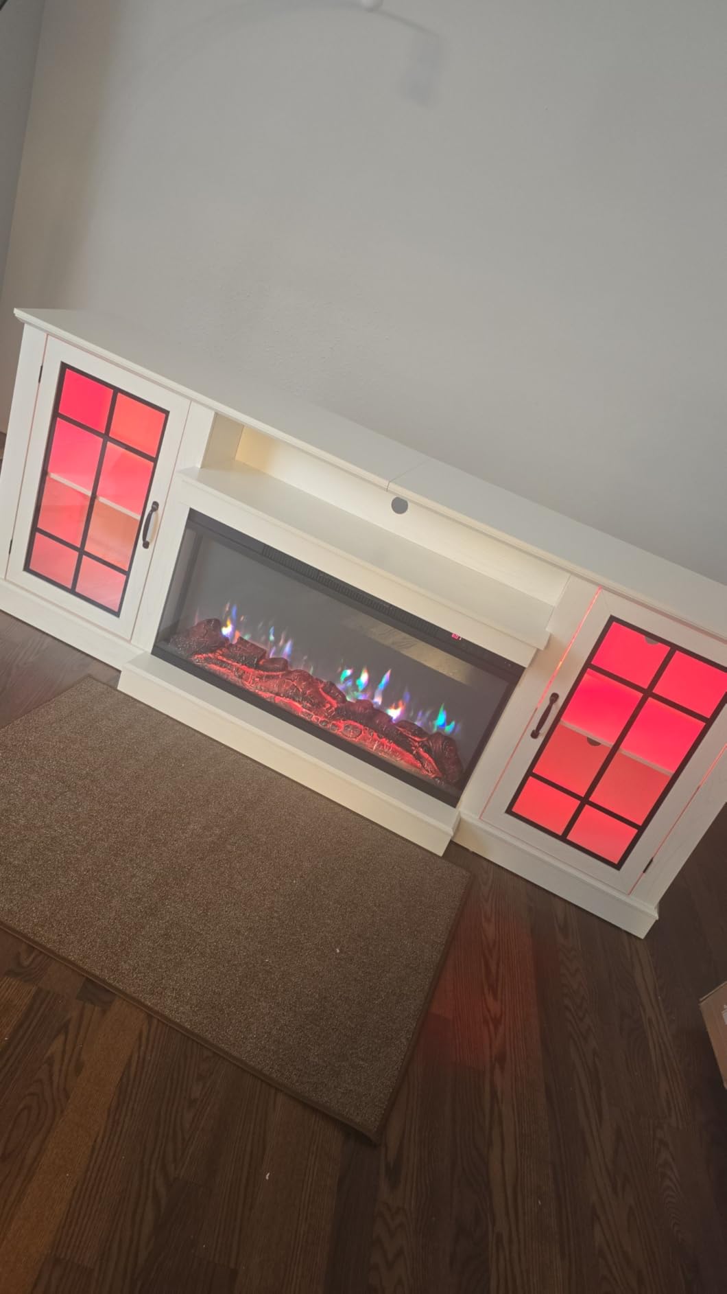 oneinmil 59'' Fireplace TV Stand, 3 Sided Glass Media Entertainment Center Console Table for TVs up to 65'' with Glass Door Adjustable Flame LED Color for Living Room, Set of TV Table, White customer photo 1