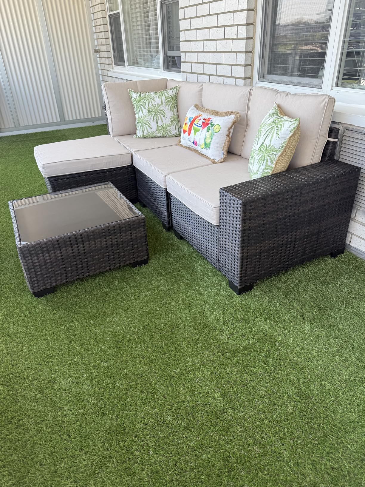 JOYURE 5 Pieces Patio Furniture Set All-Weather Outdoor Wicker Sectional Conversation Sofa Rattan Patio Seating Sofa with Cushion and Glass Table and Ottoman for Porch Poolside, Peacock Blue customer photo 1