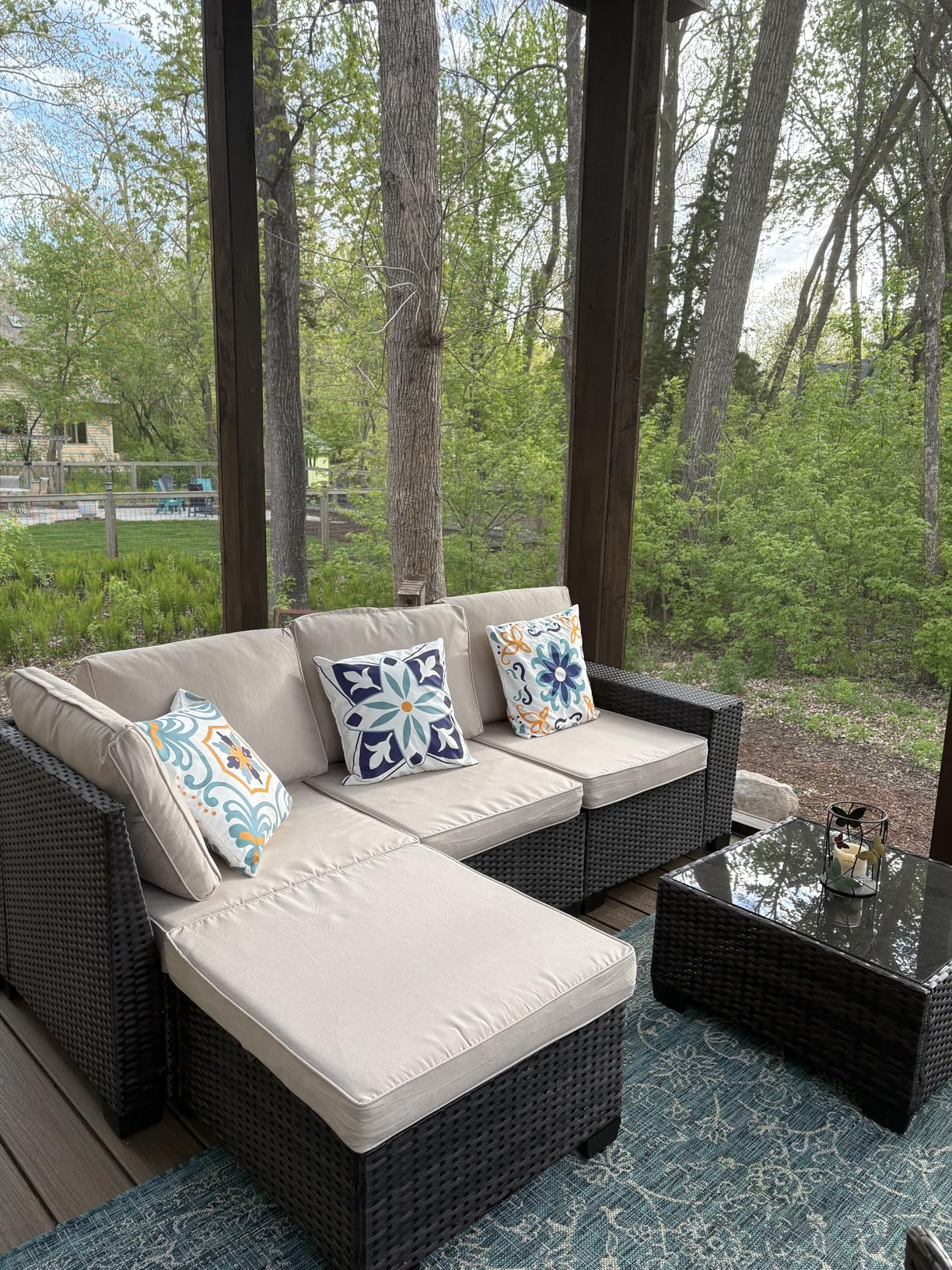 JOYURE 5 Pieces Patio Furniture Set All-Weather Outdoor Wicker Sectional Conversation Sofa Rattan Patio Seating Sofa with Cushion and Glass Table and Ottoman for Porch Poolside, Peacock Blue customer photo 2