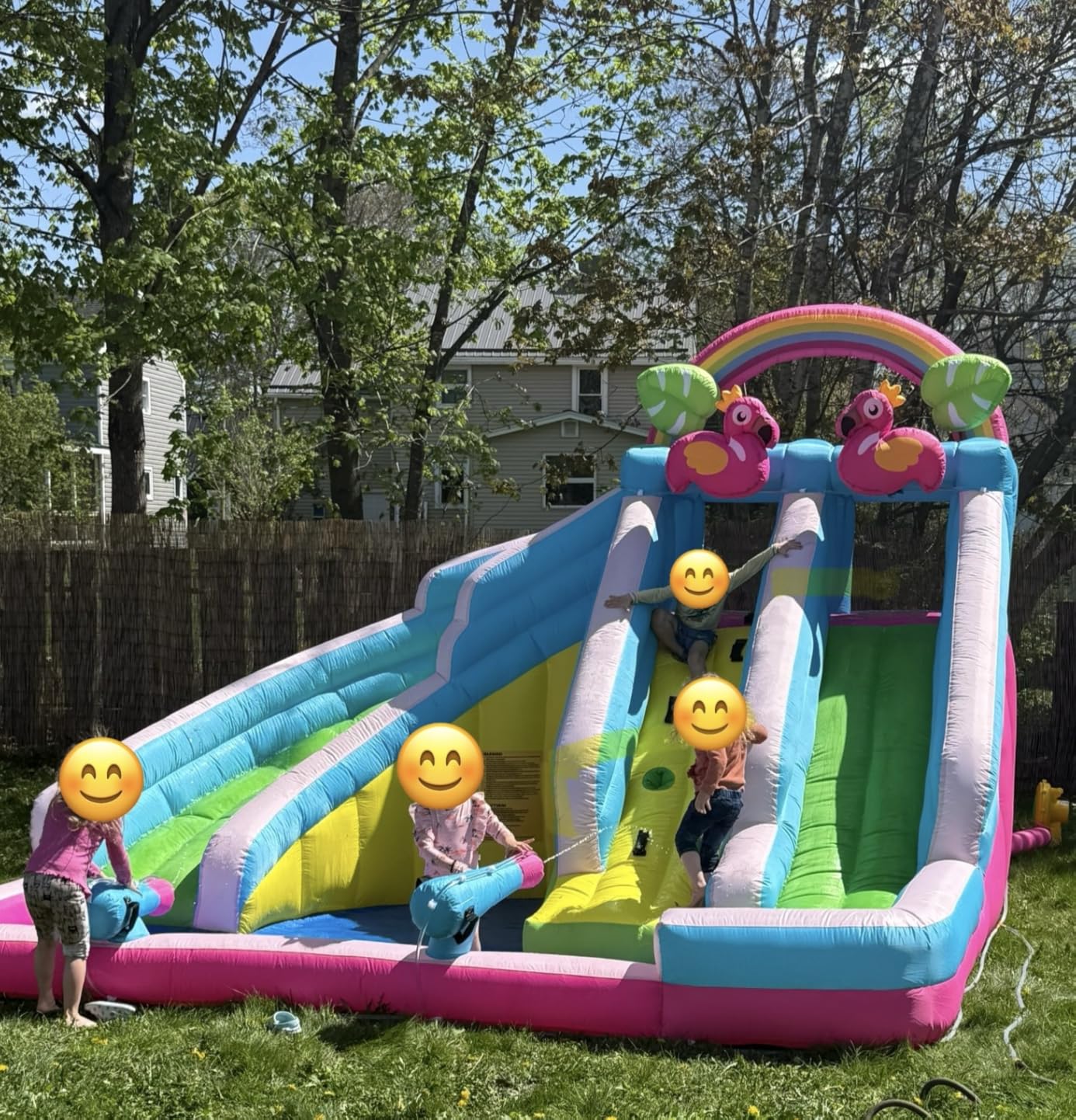 Inflatable Water Slide, 6 in 1 Blow Up Water Park Aged 3-10, Flamingo Style Water Bounce House with Double Long Slides, Splash Pool, 580W Blower Waterslide for Kids and Adults Backyard customer photo 2