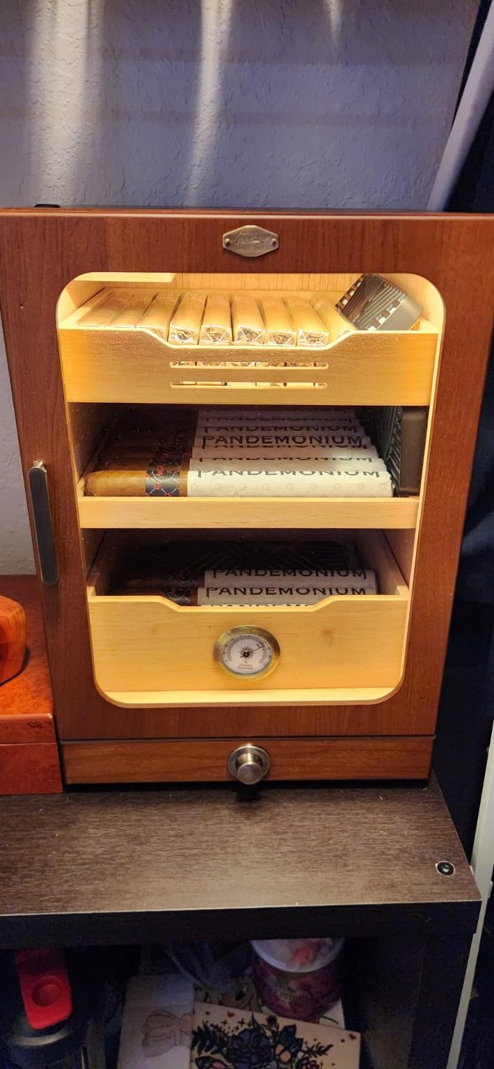 Tesonway Cigar Humidor, Desktop Cigar Humidor Cabinet Light Control System with Spanish Cedar Wood Shelves, Hygrometer, 3 Humidifiers and Cigar Accessories Drawer, Father's Day Gift for Men (Brown) customer photo 1