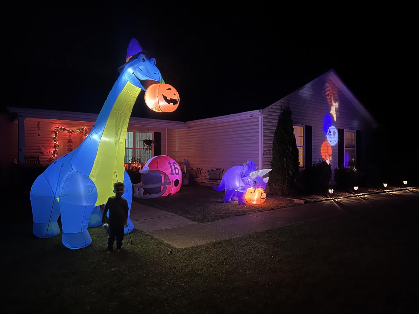 COMIN Halloween Inflatables Outdoor Decorations 10 FT Tall Dinosaurs Eating Pumpkin Blow Up with Built-in LED customer photo 1