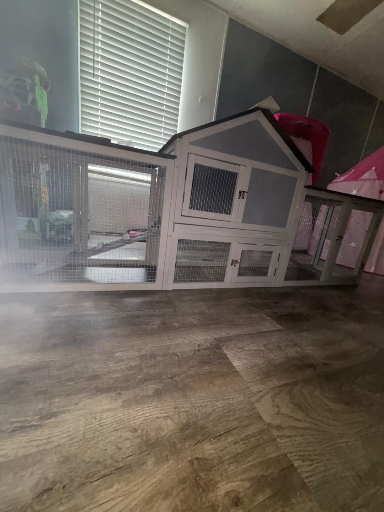 COZIWOW 95inches Extra Large Wood Rabbit Hutch Outdoor Easy to Assemble and Stable Bunny Cage Indoor with Cleaning Tray & Waterproof Roof for Small and Medium Bunny Rabbit Chick (Grey with Pattern) customer photo 2