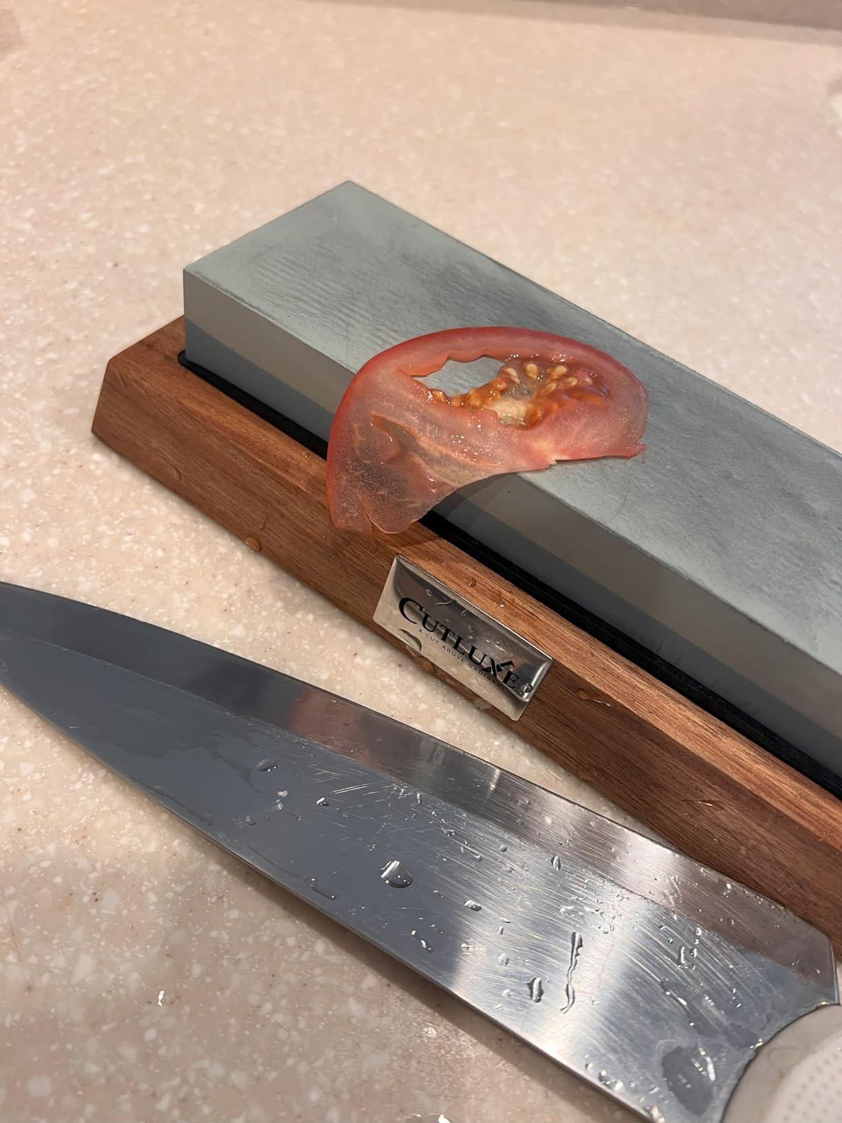 Cutluxe Whetstone Knife Sharpener - Sharpening Stone Kit, Professional 4 Side Grit 400/1000/3000/8000, Non Slip Acacia Wood Base, Angle Guide, Black Flattening Stone, Leather Strop customer photo 1