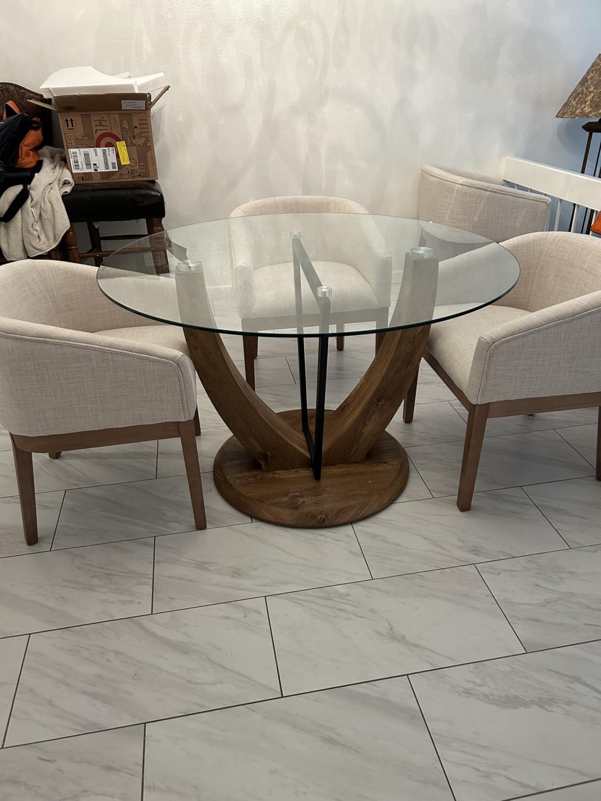 Round Glass Dining Table for 4-6, Modern 48 Inches Kitchen Table with Wooden Brown Pedestal Base, Circle Dinner Tables for Dining Room Kitchen Living Room customer photo 1