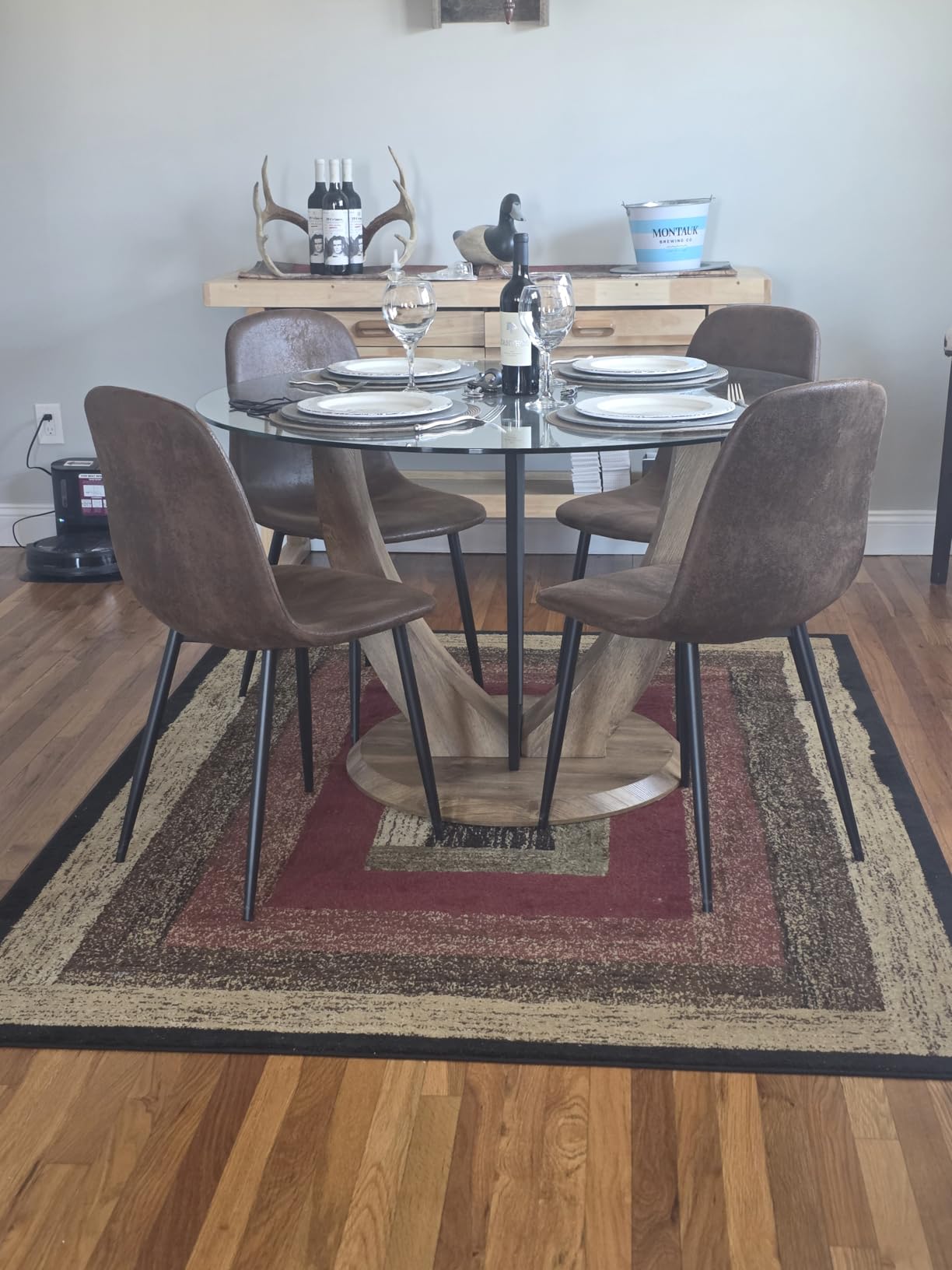 Round Glass Dining Table for 4-6, Modern 48 Inches Kitchen Table with Wooden Brown Pedestal Base, Circle Dinner Tables for Dining Room Kitchen Living Room customer photo 2