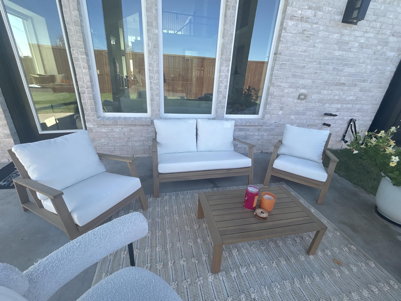 4-Piece Deep Seating Teak Wood Patio Furniture Set, Teak Wood Outdoor Conversation Sofa Set with Cushioned Loveseat, Armchairs and Coffee Table for Garden, Deck, Backyard customer photo 1