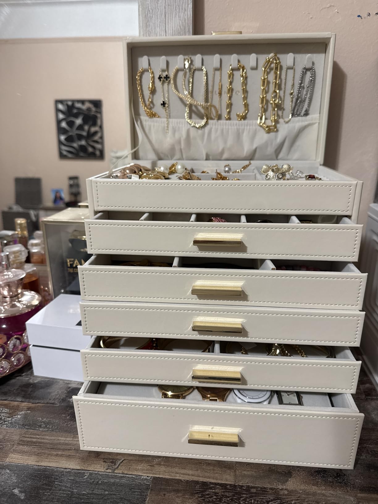 VLANDO 6 Layer Large Jewelry Box - Jewelry Holder Organizer, Jewelry Box Organizer for Drawer Necklace Ring Bracelet and Watch, Birthday Gift for Loved Ones - Beige customer photo 2