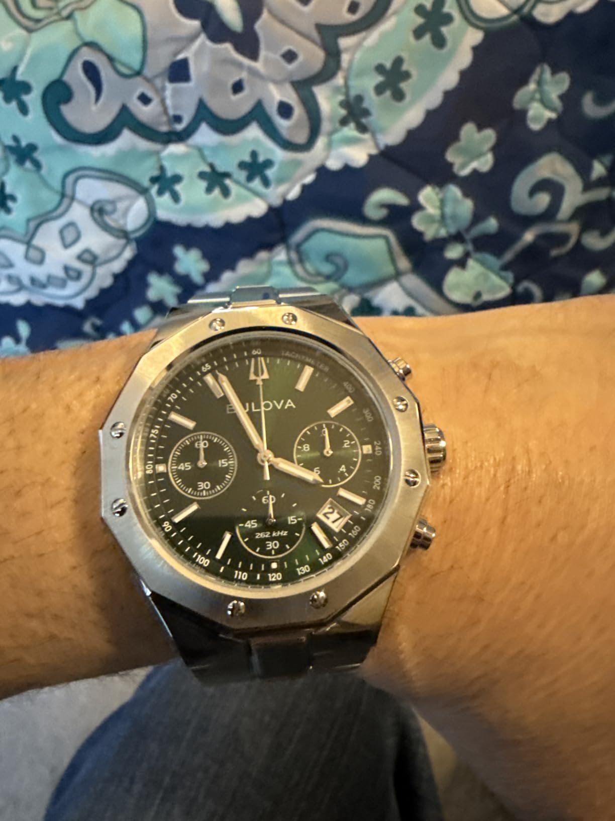 Men's Classic 6-Hand Chronograph High Performance Quartz Silver Stainless Steel Watch, Green Dial, Geometric Bezel 24 Hour Time, 44mm (Style: 96B409) customer photo 1