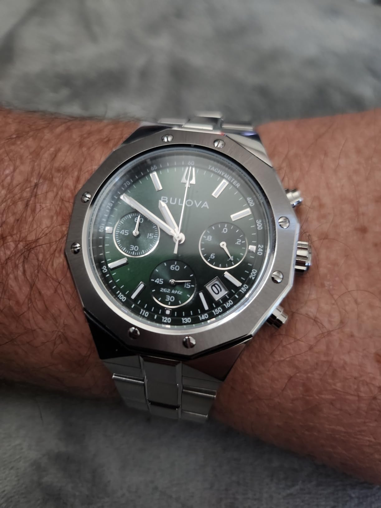 Men's Classic 6-Hand Chronograph High Performance Quartz Silver Stainless Steel Watch, Green Dial, Geometric Bezel 24 Hour Time, 44mm (Style: 96B409) customer photo 2