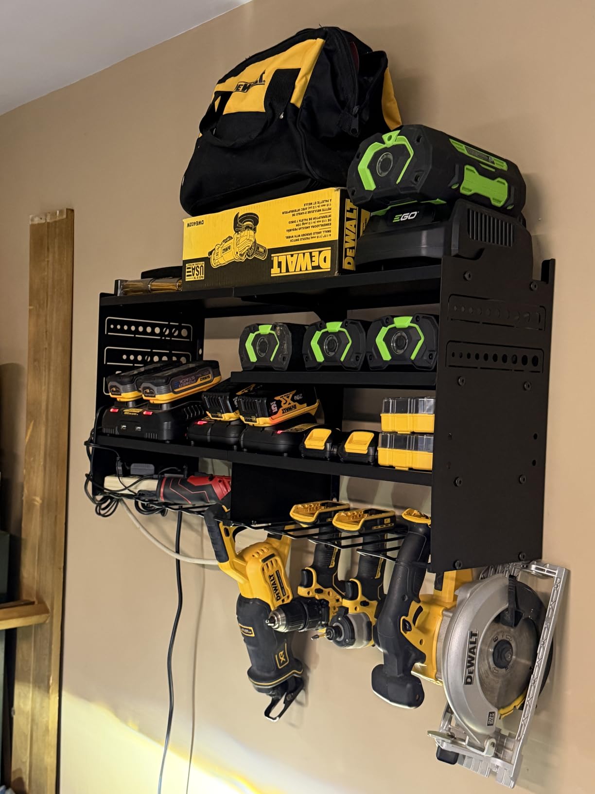 POKIPO Large Power Tool Organizer Wall Mount with Charging Station, 4 Layer Heavy Duty Metal Tool Storage Rack Loads 600lbs with 8 Cordless Drill Holder, Battery Utility Rack Loads with 4 Power Strip customer photo 1