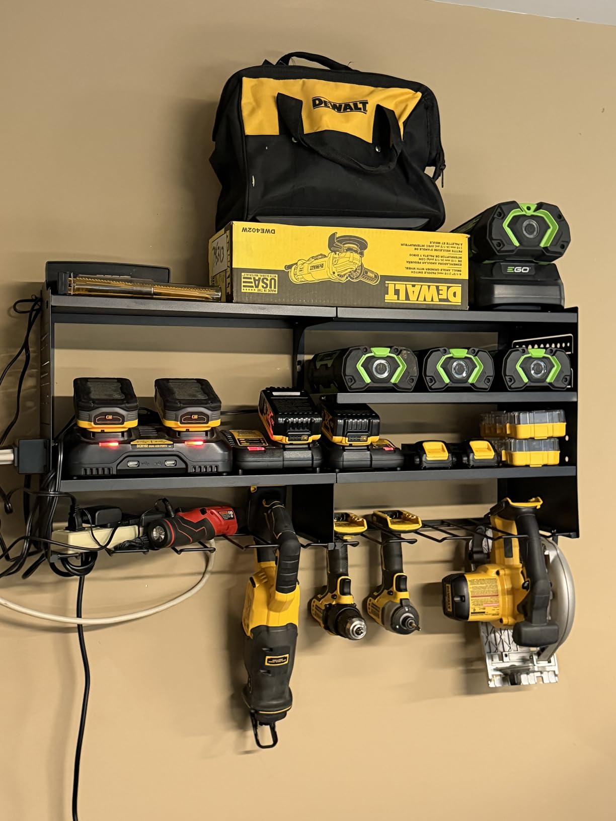POKIPO Large Power Tool Organizer Wall Mount with Charging Station, 4 Layer Heavy Duty Metal Tool Storage Rack Loads 600lbs with 8 Cordless Drill Holder, Battery Utility Rack Loads with 4 Power Strip customer photo 2