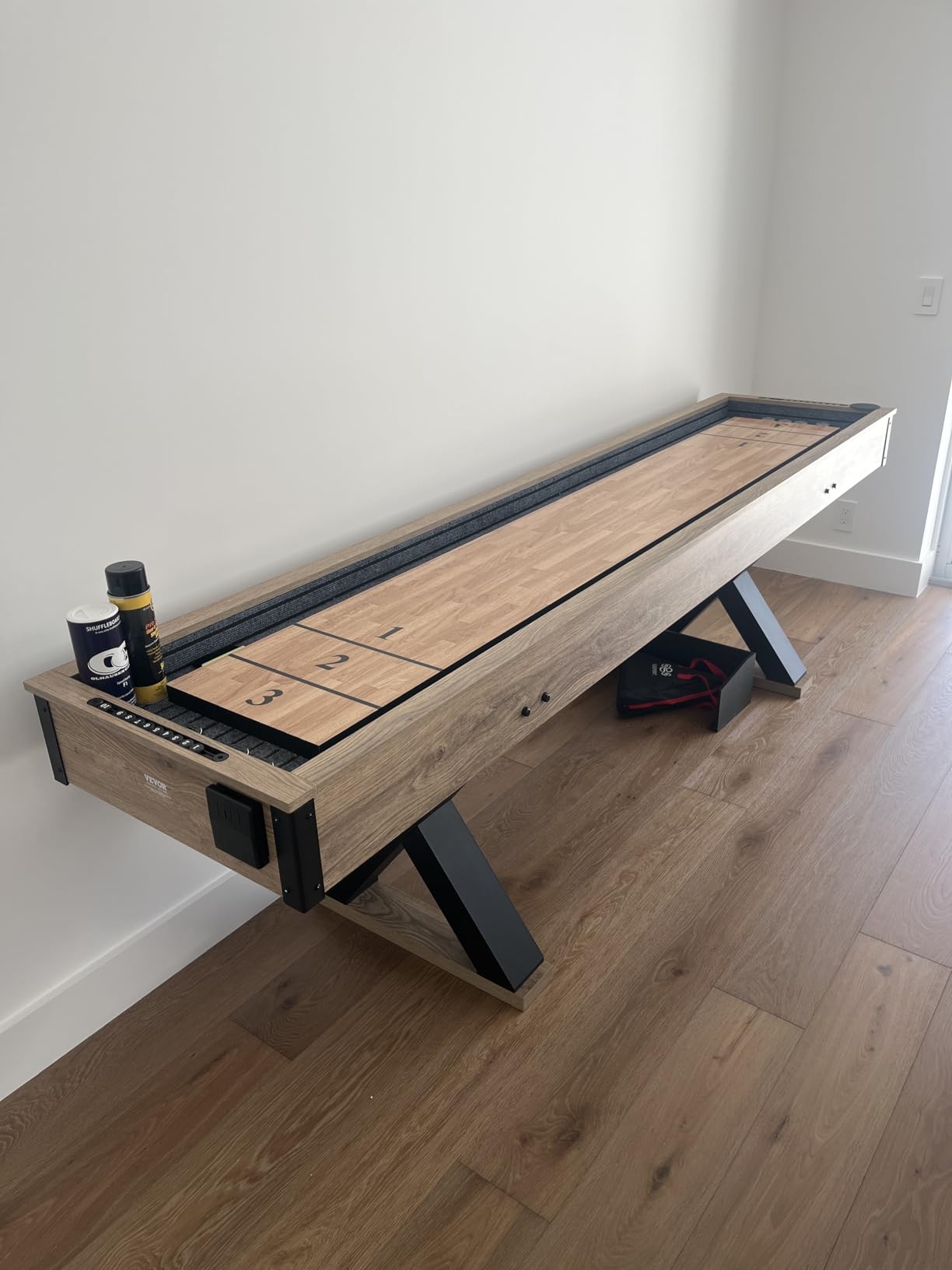 VEVOR Shuffleboard Table, 11.5 ft Shuffleboard for Family Game Rooms, 2 in 1 Shuffleboard and Bowling Combo Game Set, with Scratch-Resistant Playfield, Legs, 8 Pucks, Bowling Set, Wax, and Table Brush customer photo 1