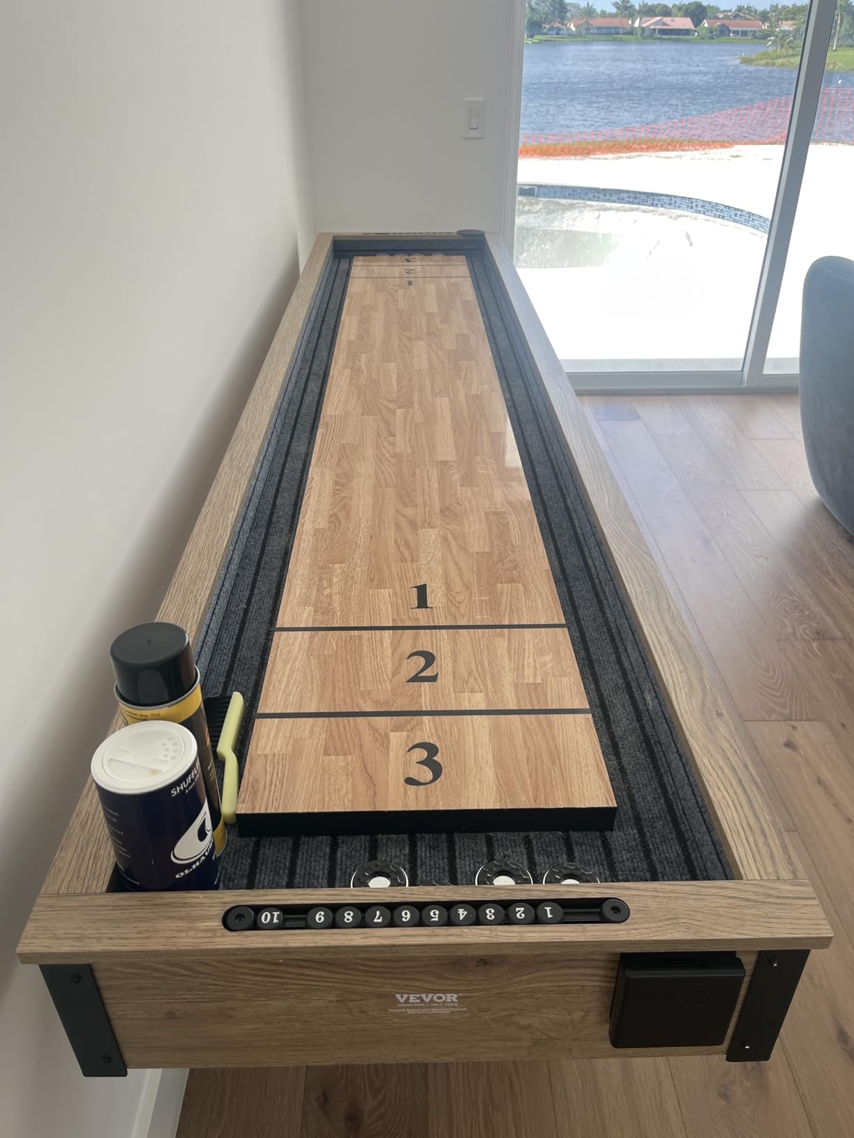 VEVOR Shuffleboard Table, 11.5 ft Shuffleboard for Family Game Rooms, 2 in 1 Shuffleboard and Bowling Combo Game Set, with Scratch-Resistant Playfield, Legs, 8 Pucks, Bowling Set, Wax, and Table Brush customer photo 2