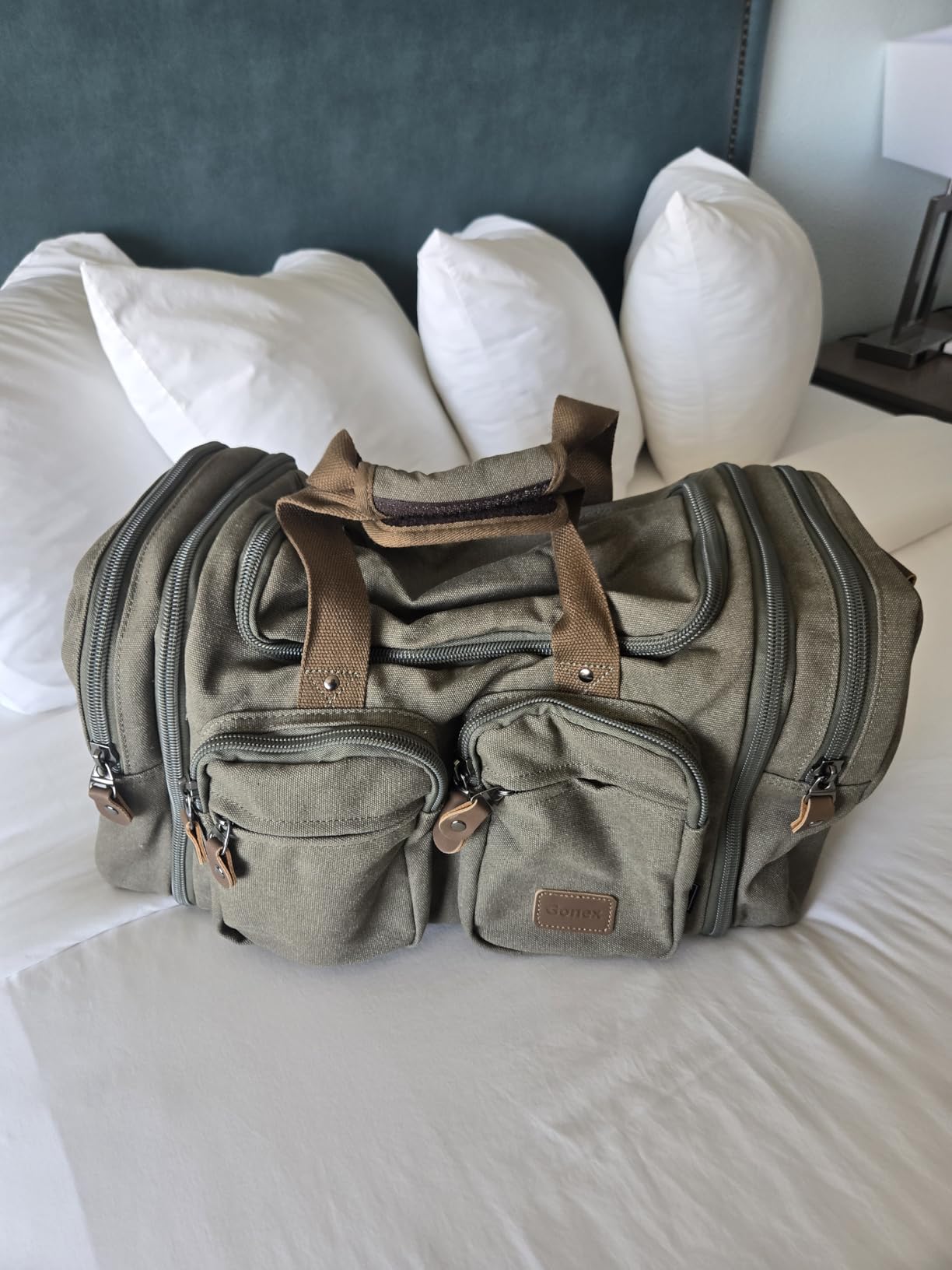 Canvas Duffle Bag for Travel, Expandable Water Resistant 50L Carry on Duffel Overnight Weekender Gym Bag with Wet Dry Separation Pocket & Suitcase Handle Sleeve, Dark Grey customer photo 1