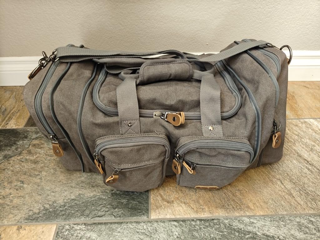 Canvas Duffle Bag for Travel, Expandable Water Resistant 50L Carry on Duffel Overnight Weekender Gym Bag with Wet Dry Separation Pocket & Suitcase Handle Sleeve, Dark Grey customer photo 2