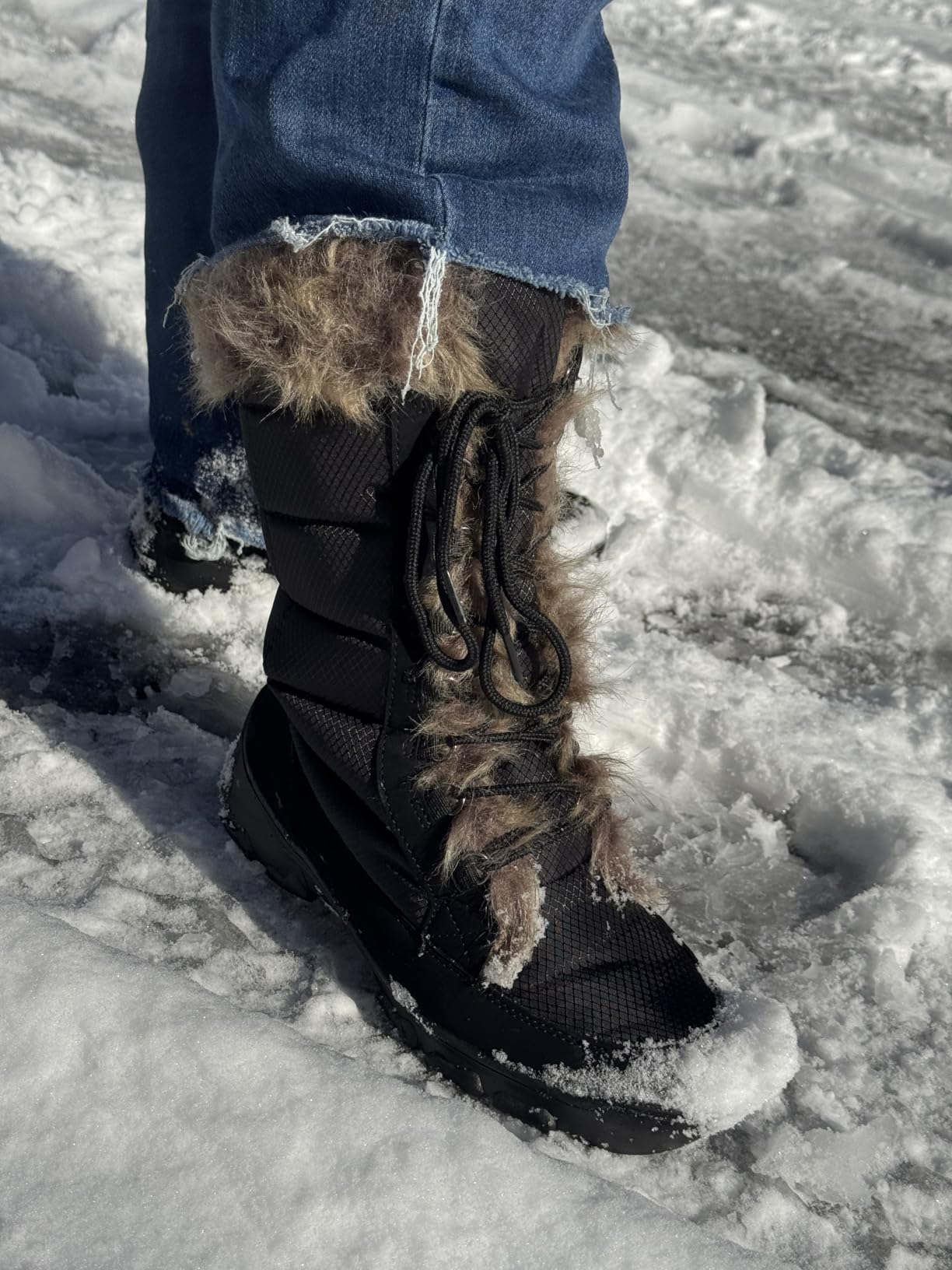 Women's Black Winter Snow Boots Twin Peaks Fur Cuff Mid-Calf Waterproof Lace Up Boots customer photo 2