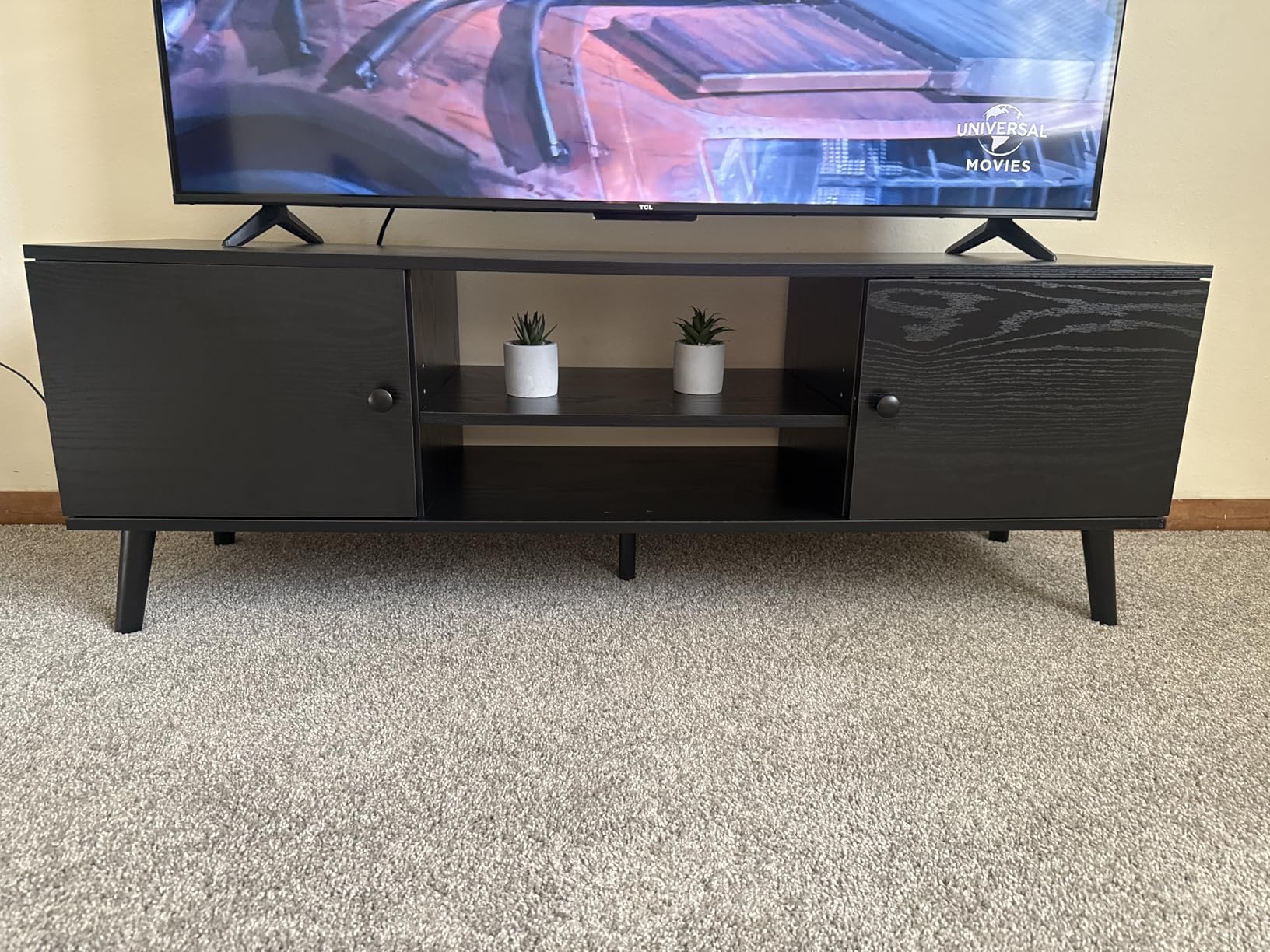 Sweetcrispy TV Stand for 55 60 inch TV, Modern Mid Century Entertainment Center with Storage, Media Console Table 2 Cabinet, Soft Hinge, Handle Door, Wooden Living Room, Office Furniture, Black customer photo 1