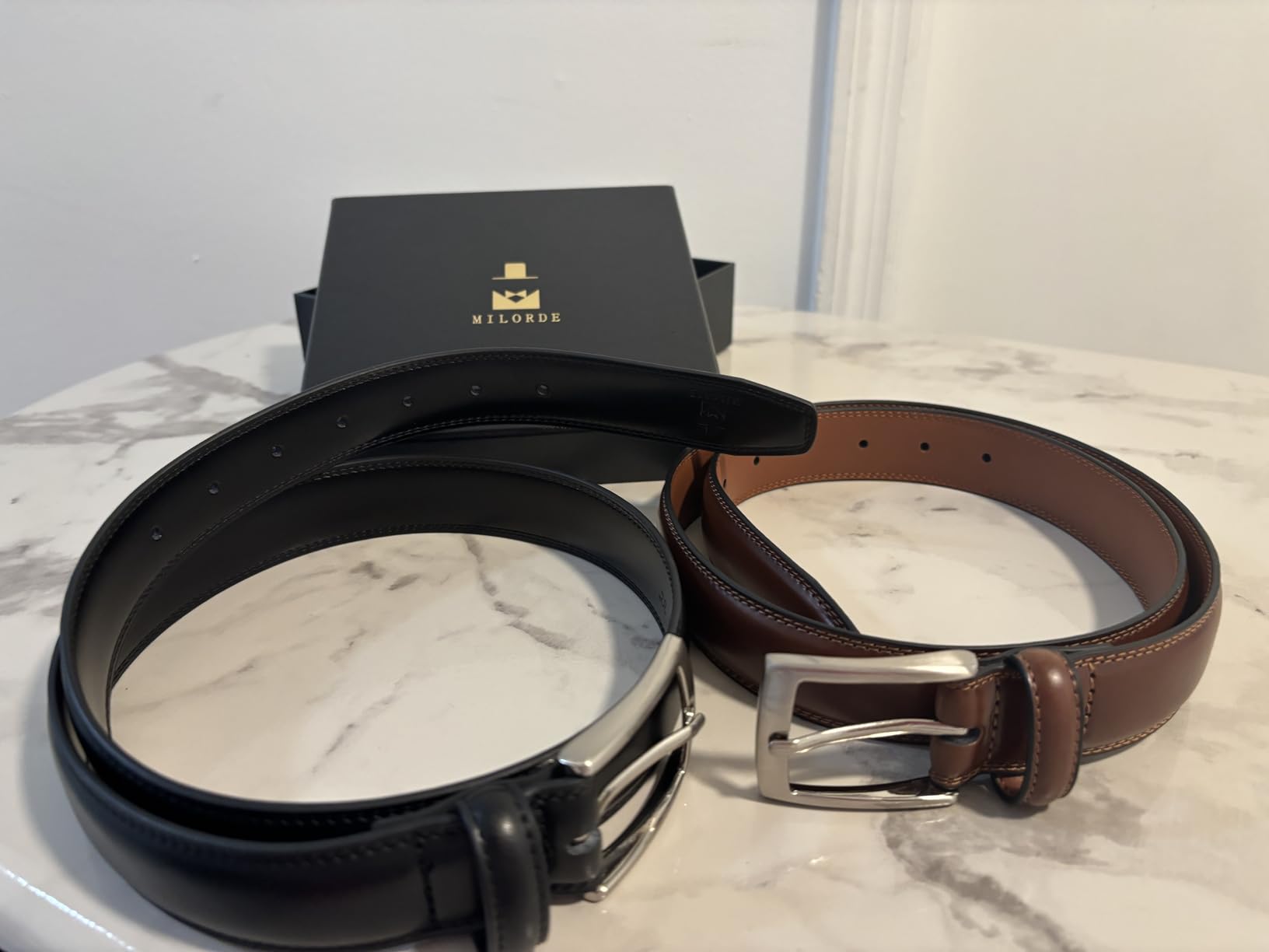 Men's Leather Dress Belt 2Pack, Handmade, Genuine Leather, Fashion & Classic Designs for Work Business and Casual customer photo 1