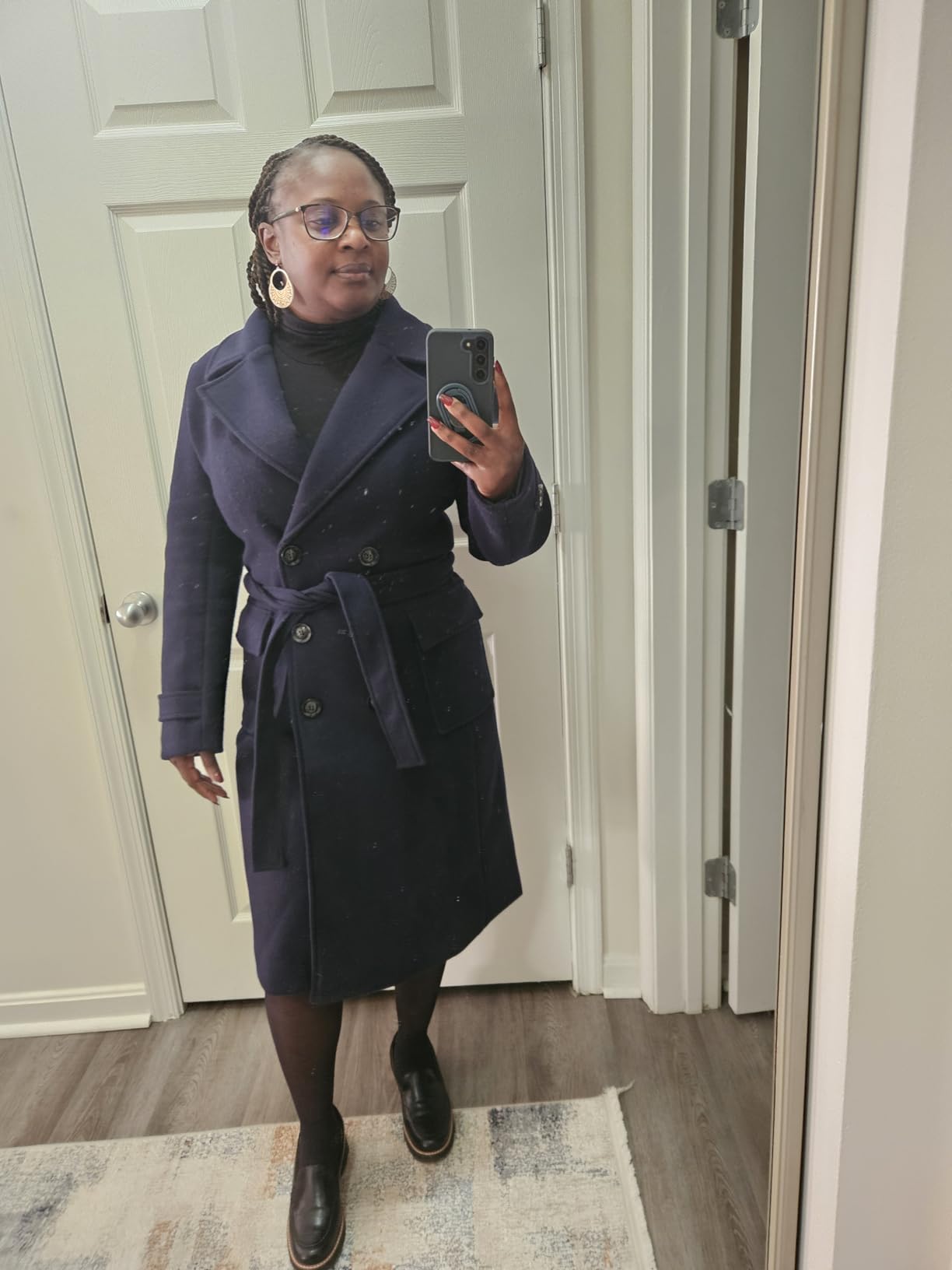 Women's Winter Double Breasted Wool Coat Business Casual Long Winter Pea Coat with Belt customer photo 1