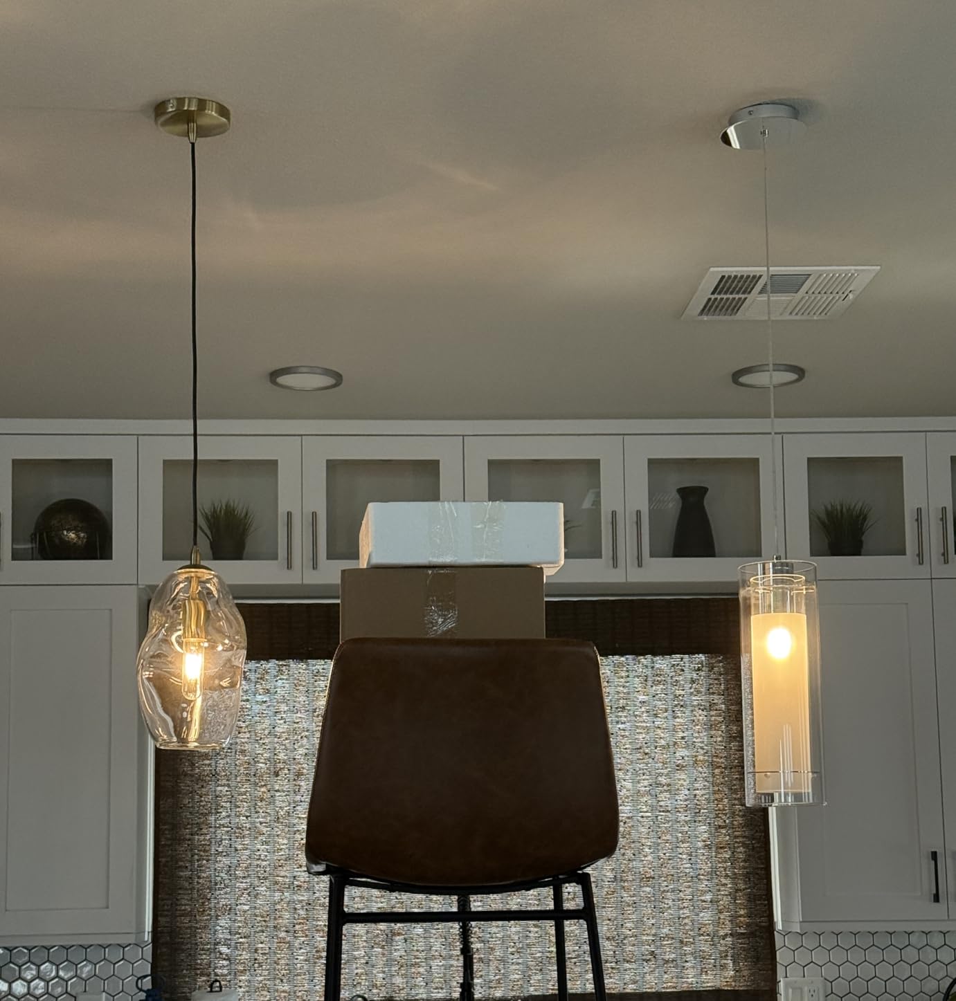 CASAMOTION Modern Pendant Lights Kitchen Island Large Gold Hanging Light Fixtures for Dining Table Blown Art Glass Clear Organic Globe Bedroom Foyer Entryway Hallway Lamp 12 Inch 1 Pack customer photo 1