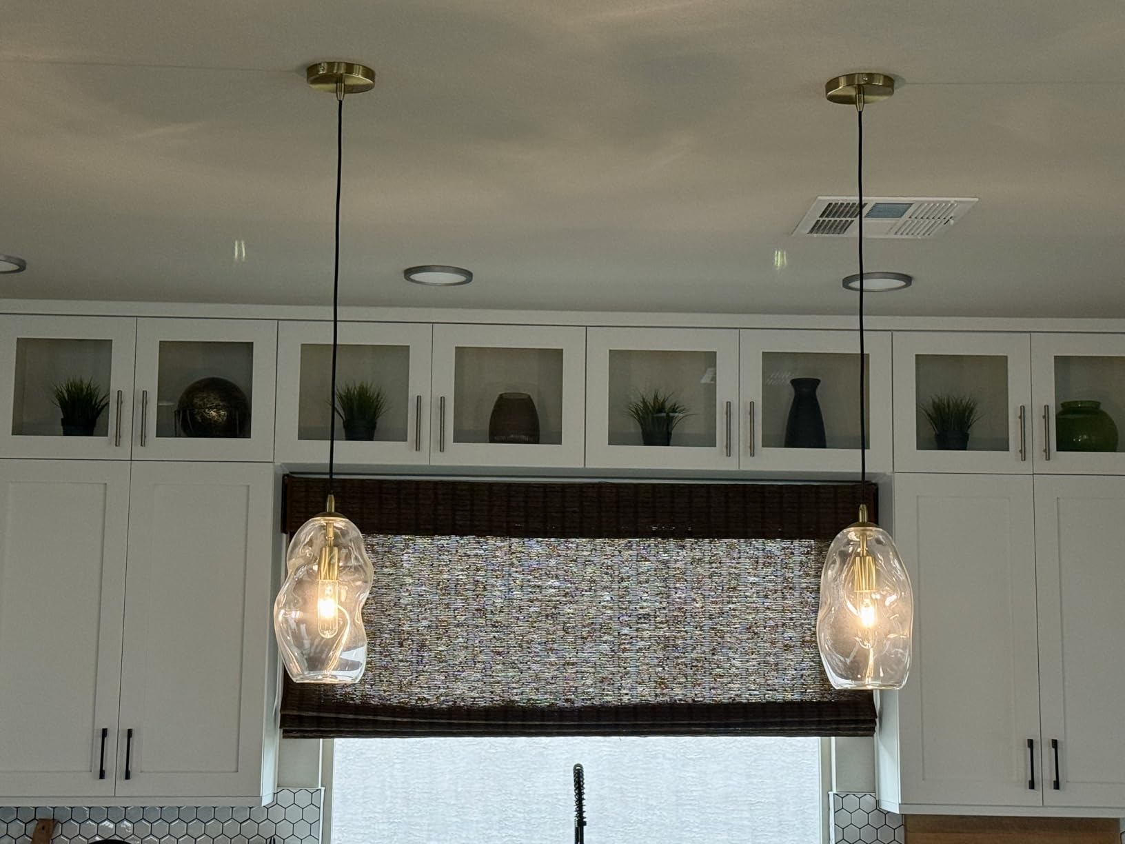 CASAMOTION Modern Pendant Lights Kitchen Island Large Gold Hanging Light Fixtures for Dining Table Blown Art Glass Clear Organic Globe Bedroom Foyer Entryway Hallway Lamp 12 Inch 1 Pack customer photo 2