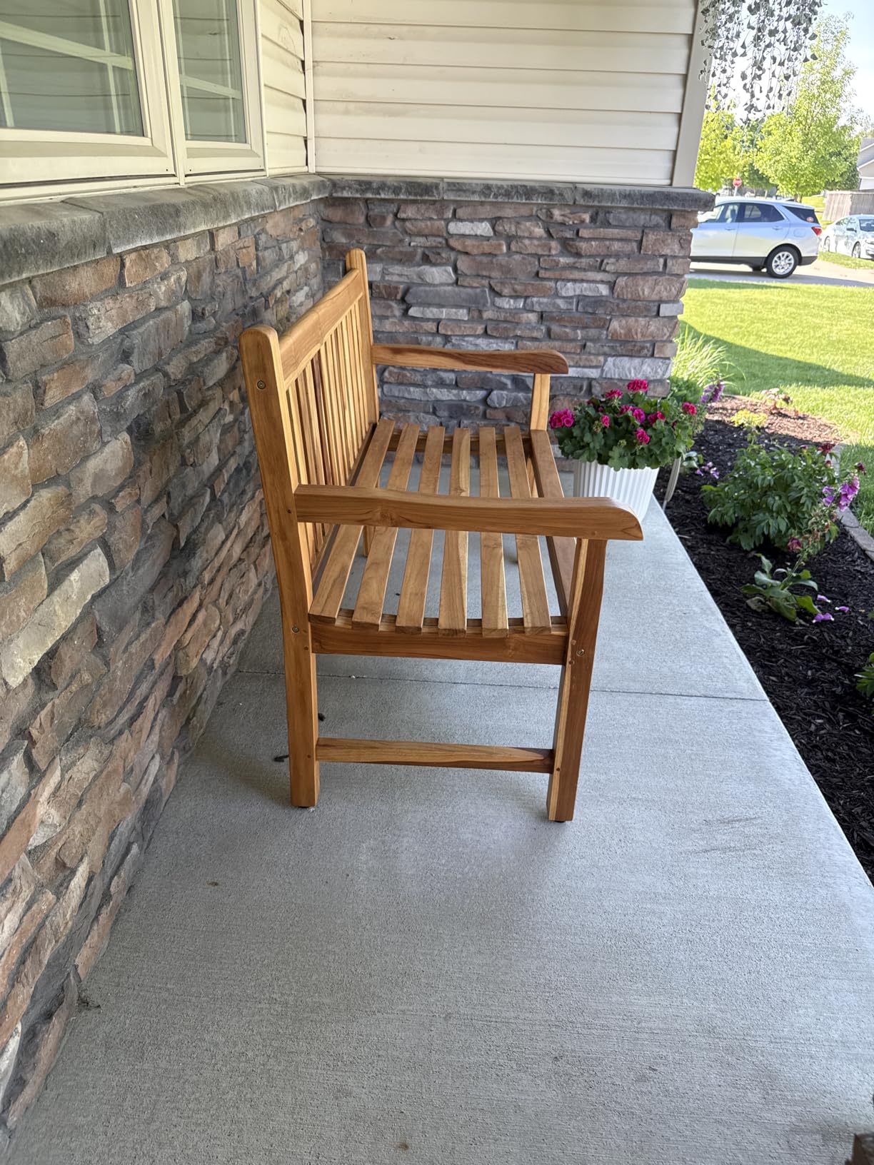 EcoDecors Eleganto 41 inch Outdoor Bench Teak Wood Garden Bench for Patio with Armrests and Backrest, in Natural Color customer photo 2
