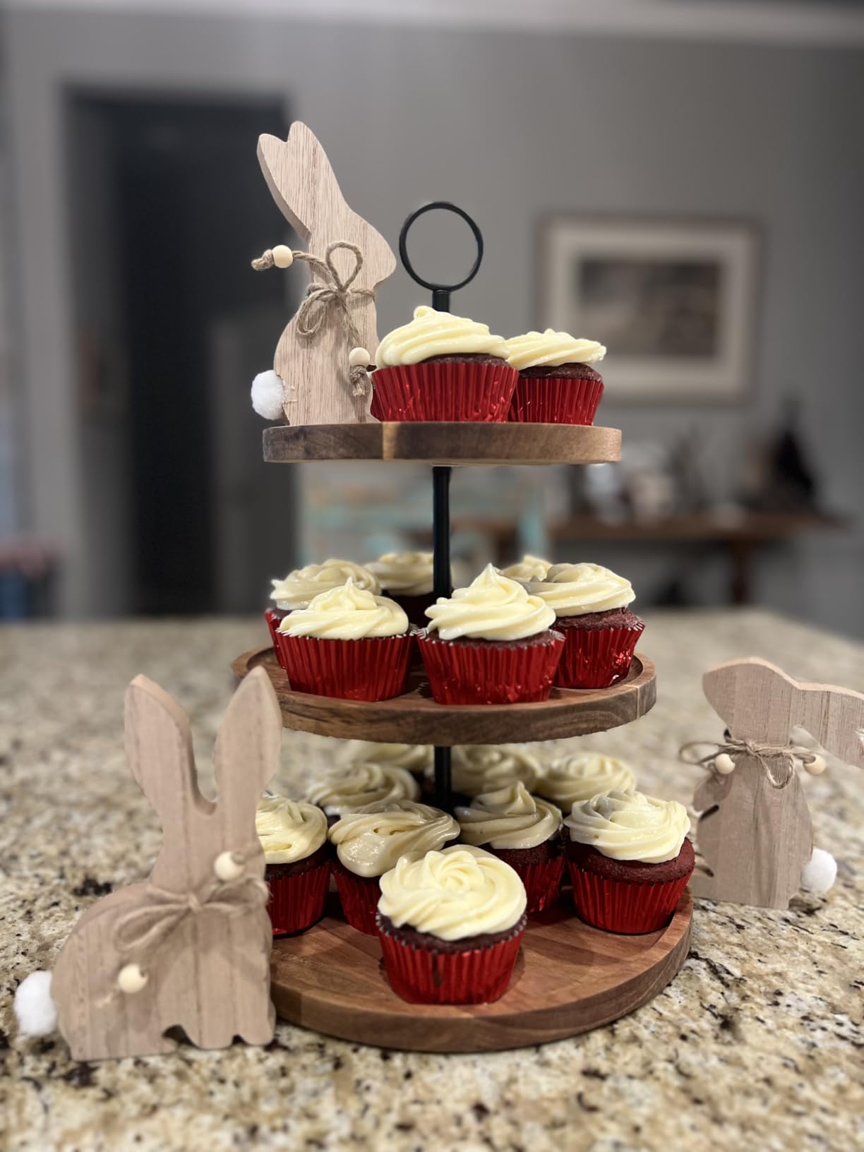 COCHIE Easter Decorations for The Home, Rustic Farmhouse Wooden Bunny Blocks Tiered Tray Decor Set of 3, Vintage Wood Bunnies Sign for Table Top Office Party Shelf Decoration (Colorful) customer photo 2