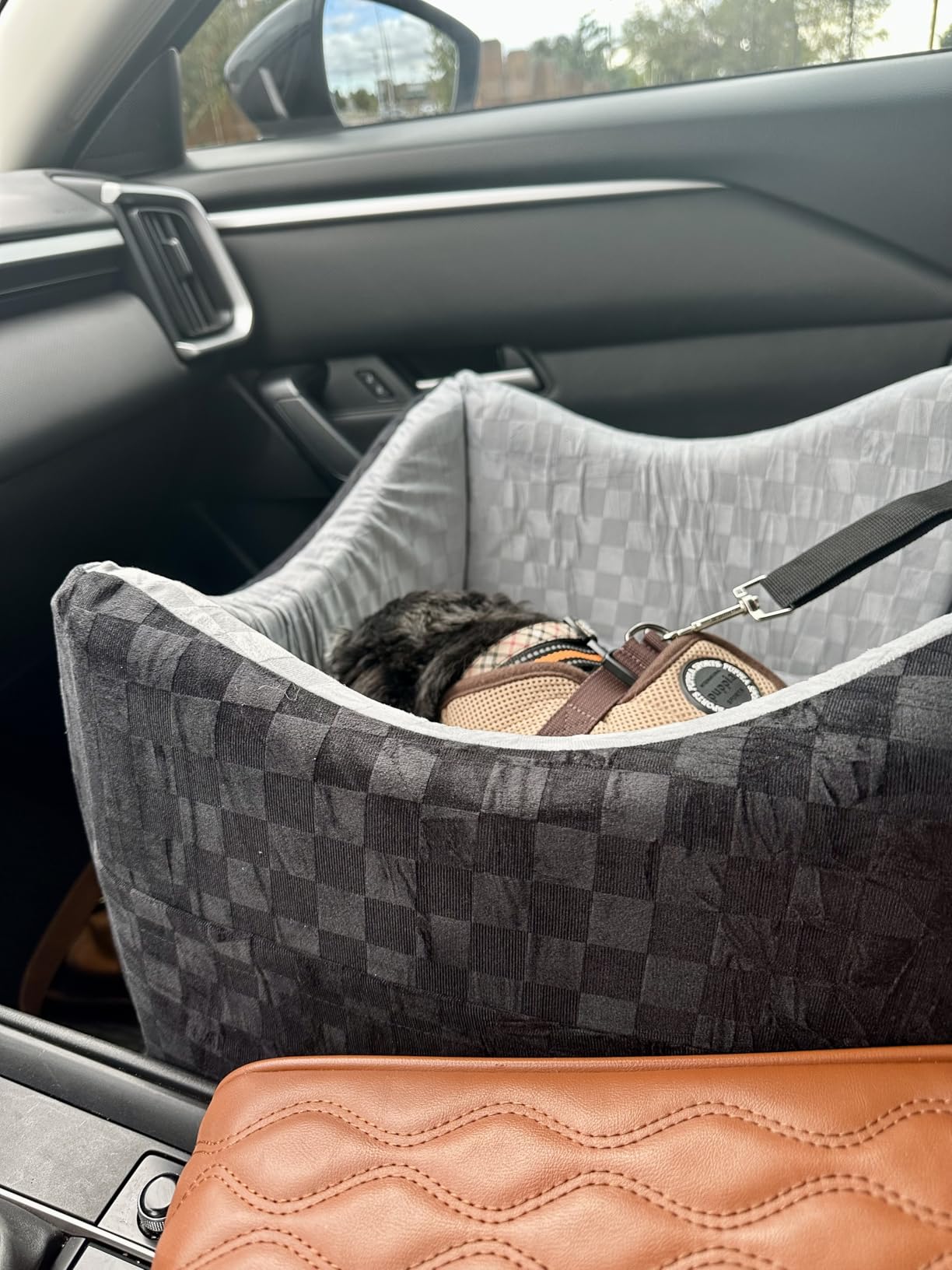 JOEJOY Elevated Dog Car Seat for Small/Medium Dogs up to 35 lbs, Memory Foam Booster Seat with Detachable Washable Cover, Travel-Safe Car Bed with Safety Belts & Storage Pockets, Grey customer photo 2