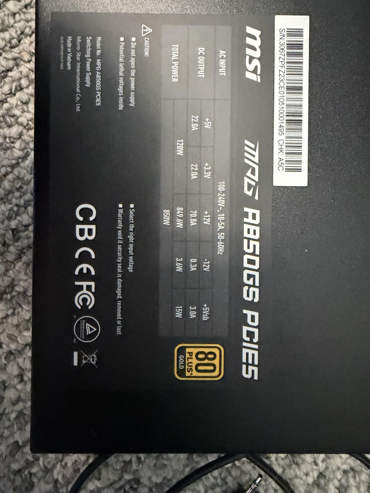 MSI MPG A850GS PCIE5, Fully Modular Gaming 850W Power Supply, 80+ Gold, Dual 12V-2x6 Cables, Server-Grade Capacitor, ATX 3.1 & PCIe 5.1 Ready, Low-Noise, Semi Digital, 10 Year Warranty customer photo 2