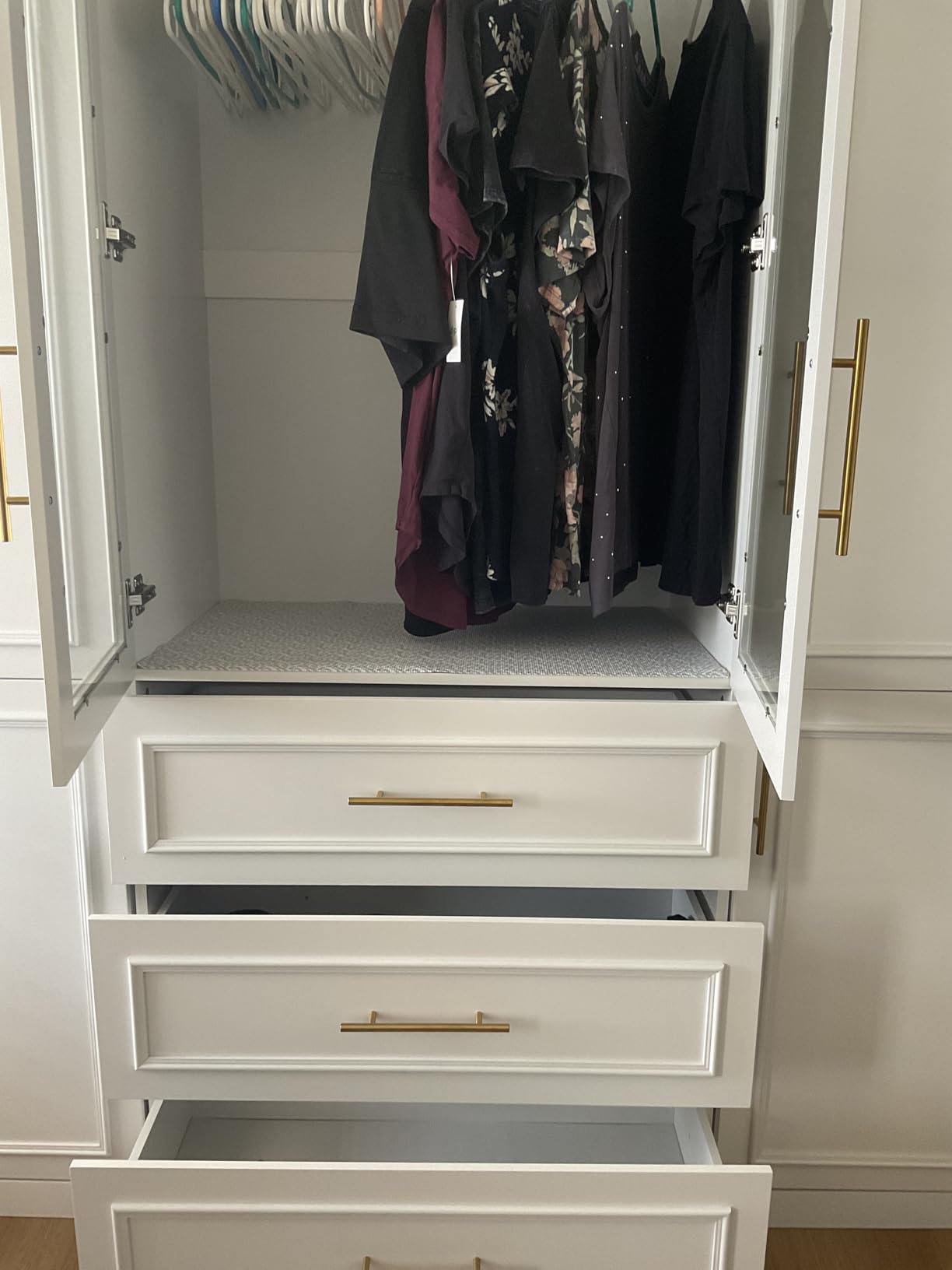 FUFU&GAGA Wardrobe Closet Collection with Doors, Modern White Bedroom Armoire System with Gold Handles, Modern Clothes Storage Cabinet with Drawers, Shelves, Hanging Rods, 79.1