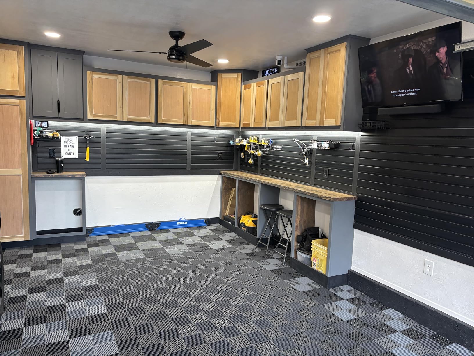 FRAYSCENT Slat Wall Paneling Garage Slat Wall Storage Systems Slatwall Panels Power Tool Organizer Wall Mount, PVC Garage Storage & Organization Products Slate Board (Black, 4ft x 8ft with 15 Hooks) customer photo 1