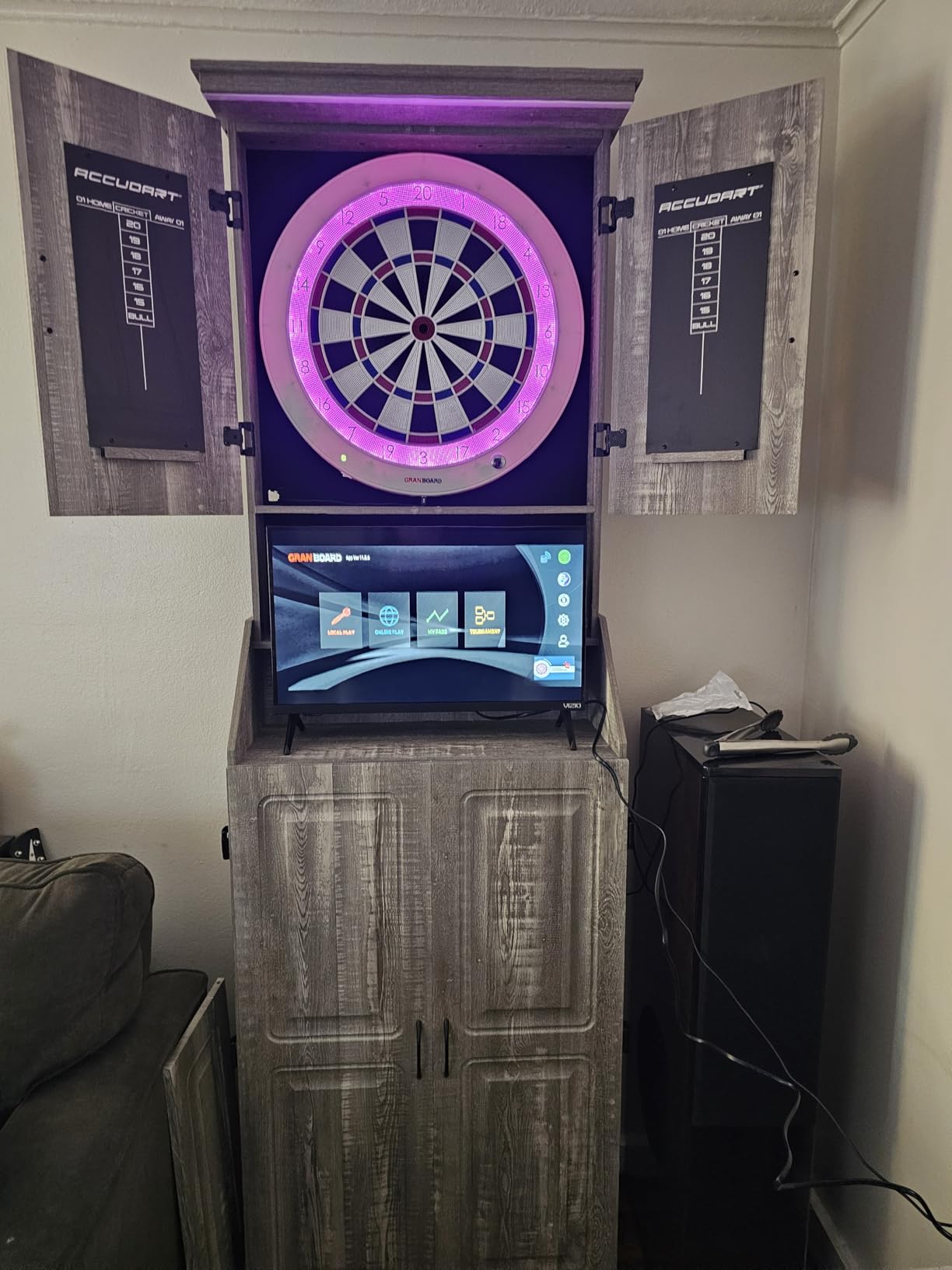 Accudart Dartboard Cabinet Set with LED Lighting - Premium Brazilian Sisal Board, Staple‑Free Razor Wire, Weathered Grey Cabinet, Built‑in Storage, Dual Chalkboards - Includes Steel‑Tip Darts customer photo 1