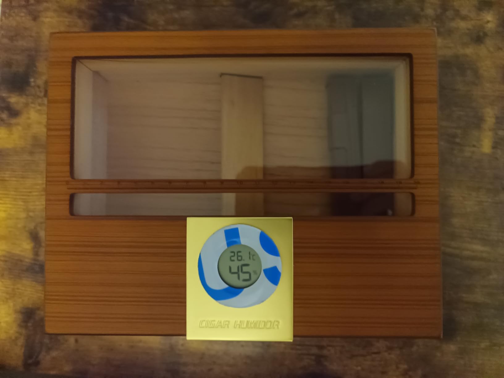 TISFA Cigar Humidor, Cedar Wood Desktop Humidor Box with Digital Hygrometer, Adjustable Humidifier, Accessory Drawer, Divider, Cigar Length Measurement, Glass Top Storage Holder Cigar Case (Black) customer photo 1
