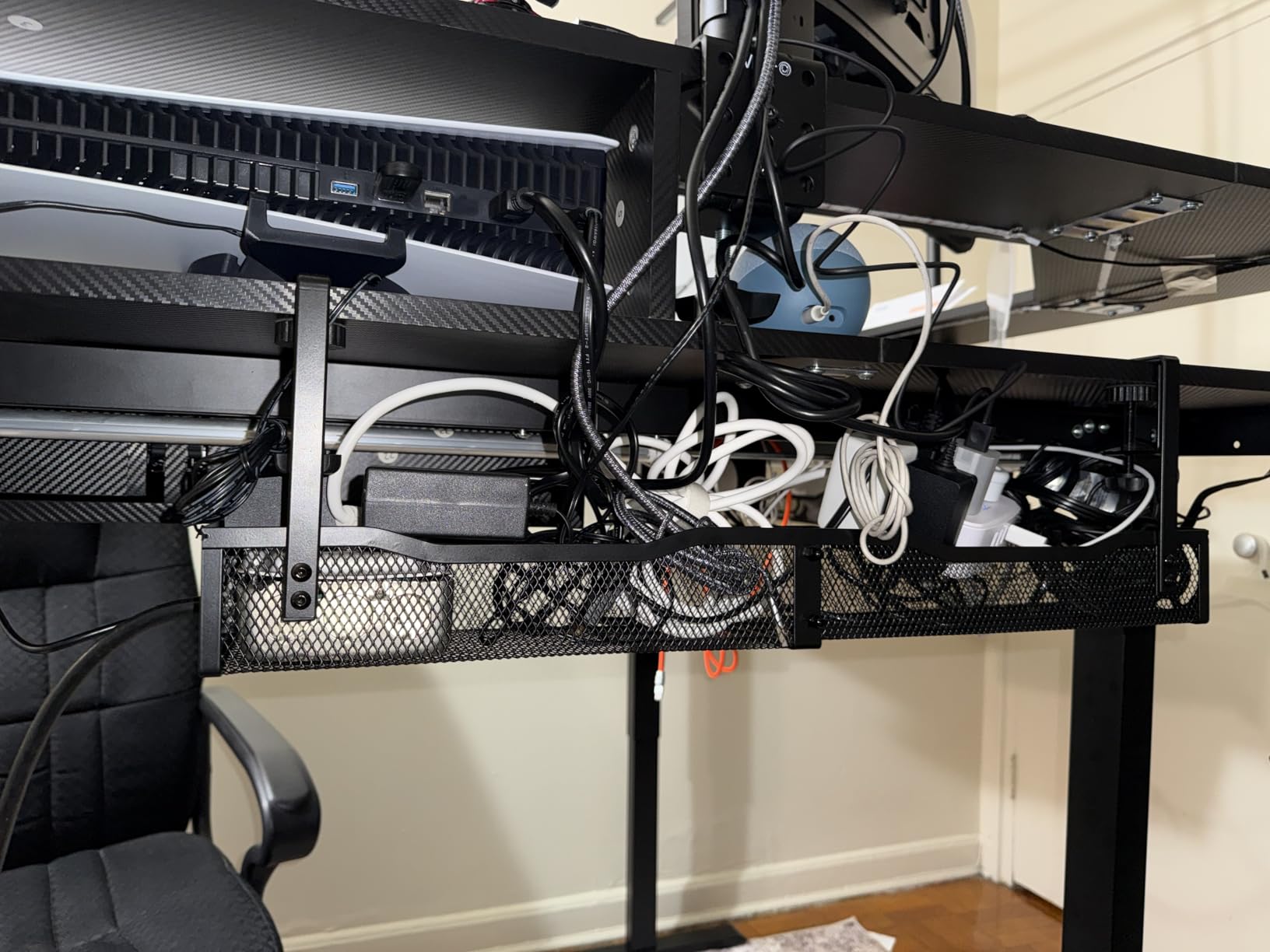 Cable Management, 25'' Cable Management Under Desk No Drill, Metal Cord Organizer with Clamp for Standing Desk, Cable Organizer for Home Office, Black customer photo 2