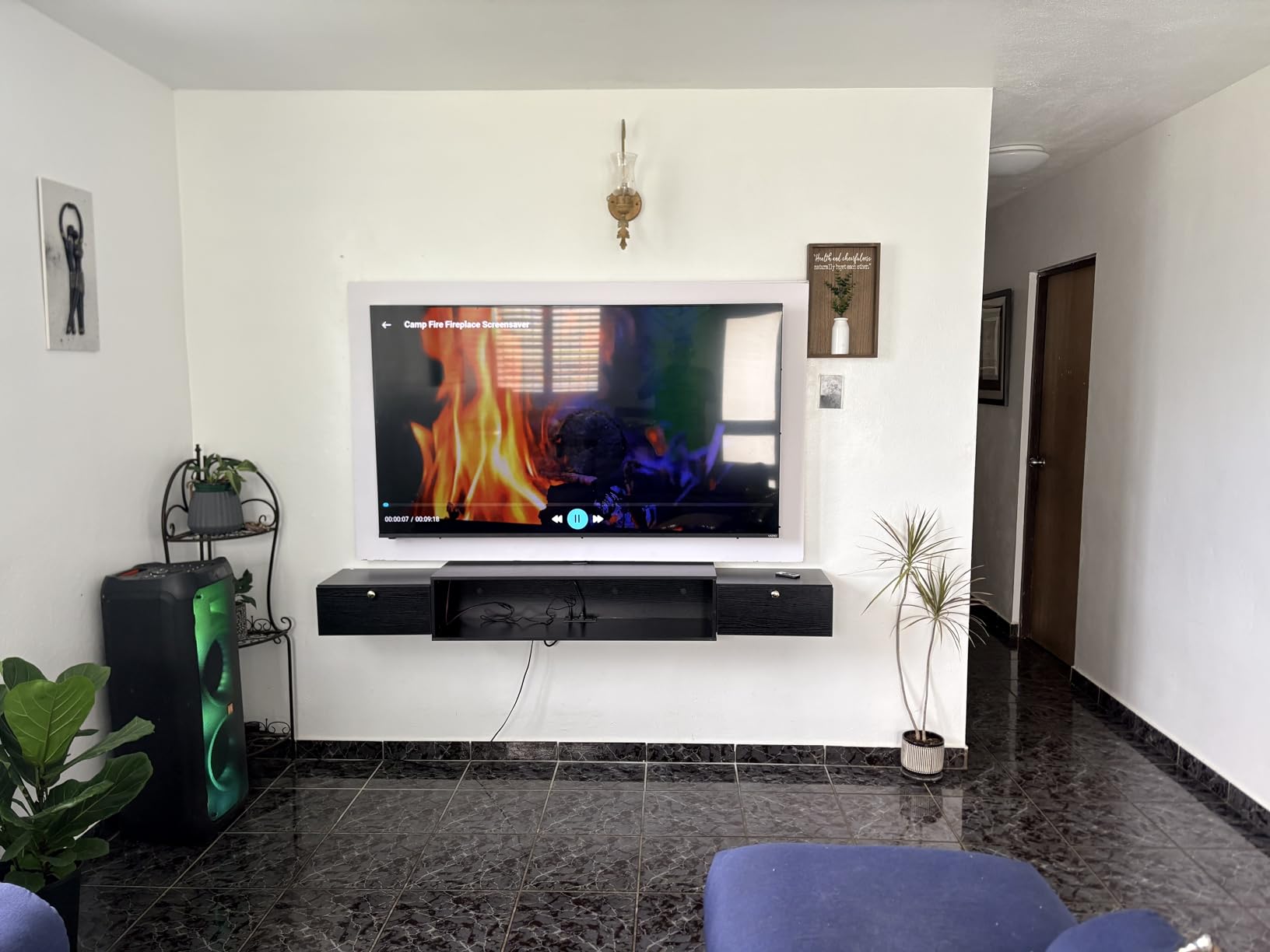 Qupui 47.2'' Wall-Mounted Floating TV Stand with LED Lighting, Modern Wooden Media Console Shelf Featuring Built-in USB Ports and Electrical Outlets. Under-TV Storage for Living Room, Bedroom customer photo 1
