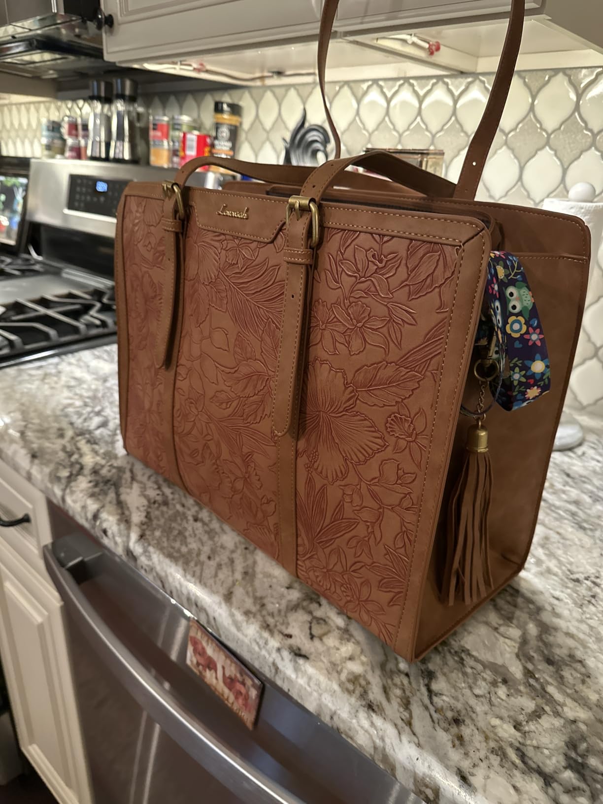 LOVEVOOK Laptop Bag for Women, Vintage Leather 15.6 Inch Work Tote with Large Cup Holder, Teacher Professional Computer Bag with Clutch Purse and Tassel for Office Business customer photo 2