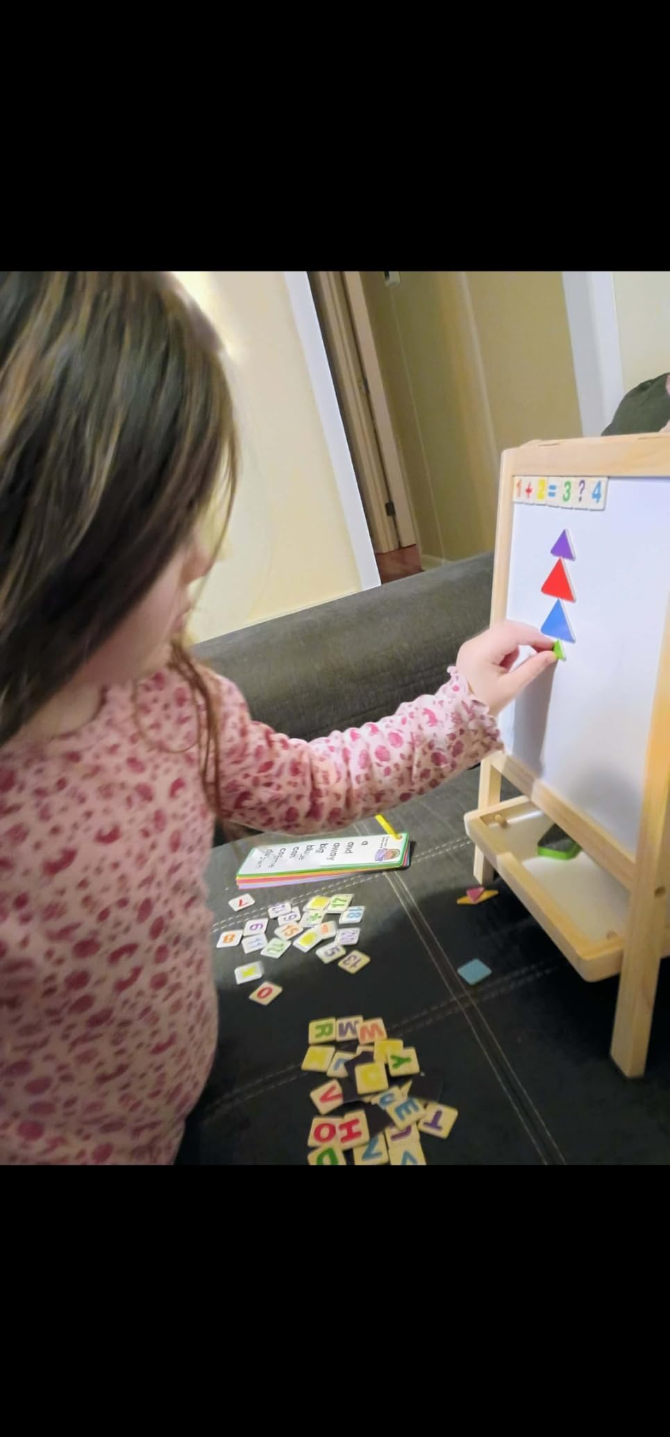 Tabletop Wooden Art Painting Easel for Kids 2-4, Chalkboard & Double-Sided Drawing Whiteboard for Toddlers, 4-in-1 Desk Easel with Magnetic Letters/Numbers & Flashcards Markers, Eraser customer photo 2