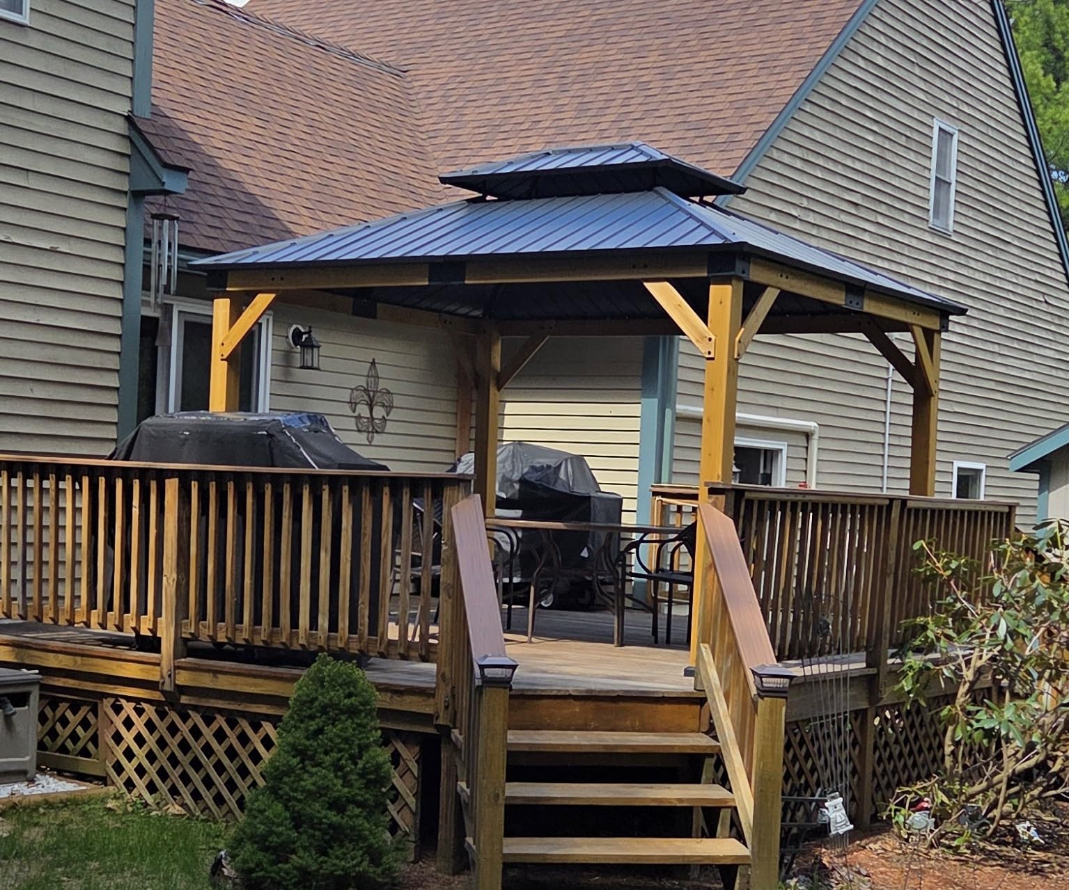 10' x 12' Wood Gazebo, Hardtop Gazebo Permanent Wooden Pavilion with Galvanized Steel Double Roof, Cedar Outdoor Gazebo with 4.72