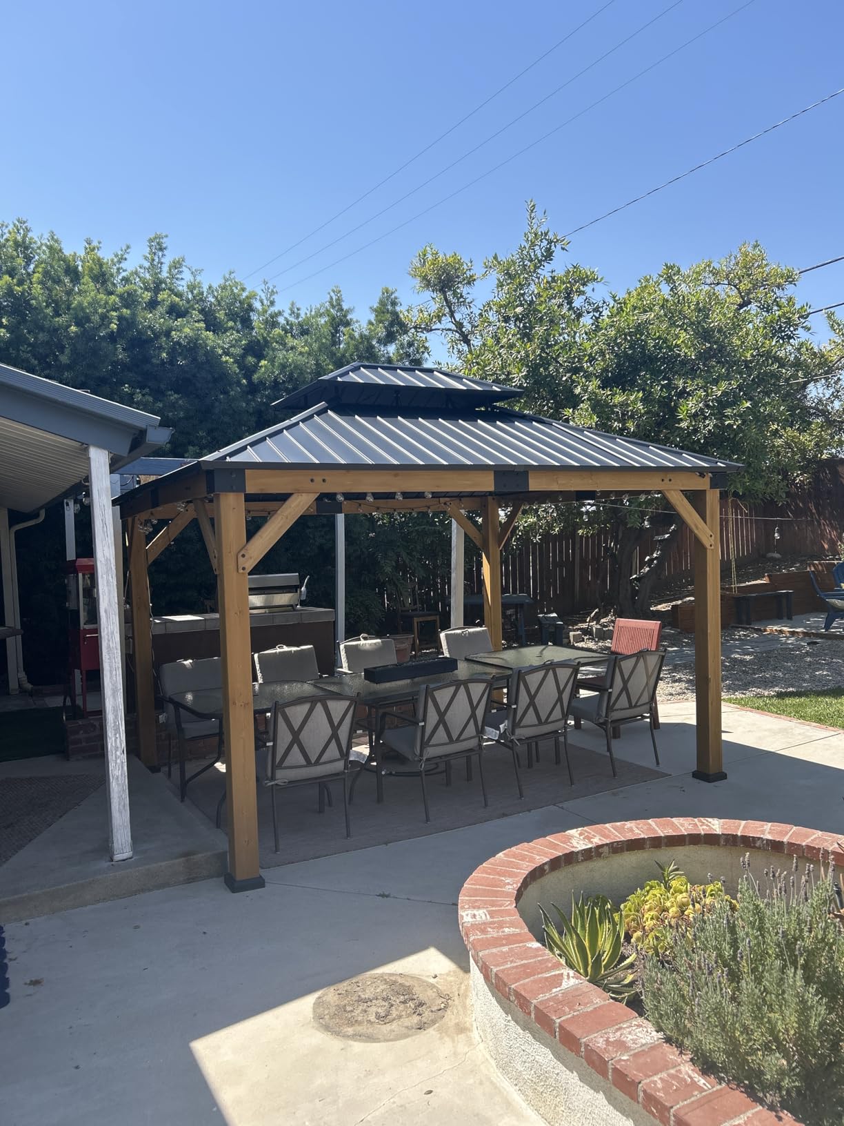 10' x 12' Wood Gazebo, Hardtop Gazebo Permanent Wooden Pavilion with Galvanized Steel Double Roof, Cedar Outdoor Gazebo with 4.72