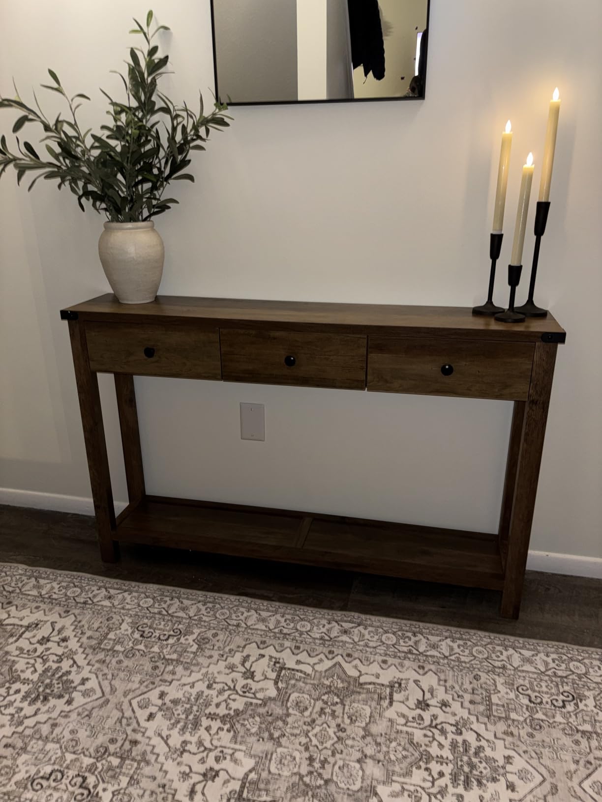 VASAGLE LIRY Collection - Console Table with 3 Drawers and Open Storage Shelf, Narrow Entryway Sofa Table for Living Room, Farmhouse Style, Metal Corners, Honey Brown ULNT142KB02S customer photo 1