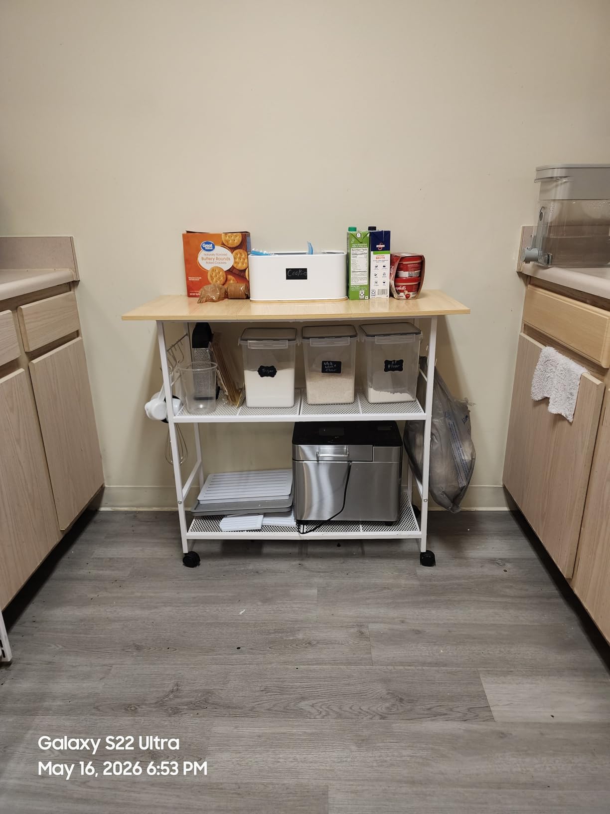 Kitchen Island with 3 Shelves, Rolling Kitchen Cart with 6 Hooks and Protective Shelf, Microwave Stand on Lockable Wheels, Bakers Rack Coffee Bar for Dining, Living Room, Outdoor, Metal Frame customer photo 1