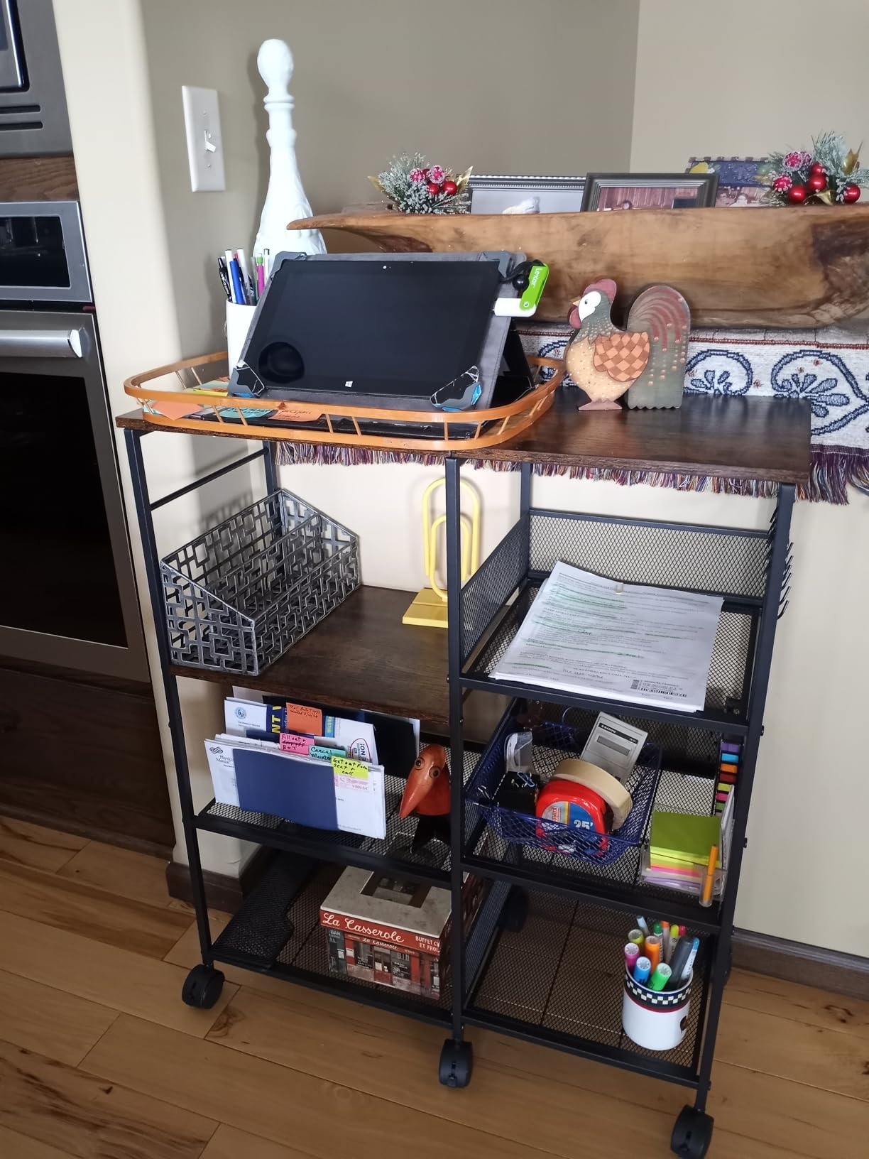 SWTYMIKI Kitchen Island Cart on Wheels - 4 Tier Rolling Kitchen Table Cart with Storage Shelves, 6 Removable Hooks & Locking Casters, Coffee Bar Cabinet for Dining Room Pantry Office, Espresso customer photo 1