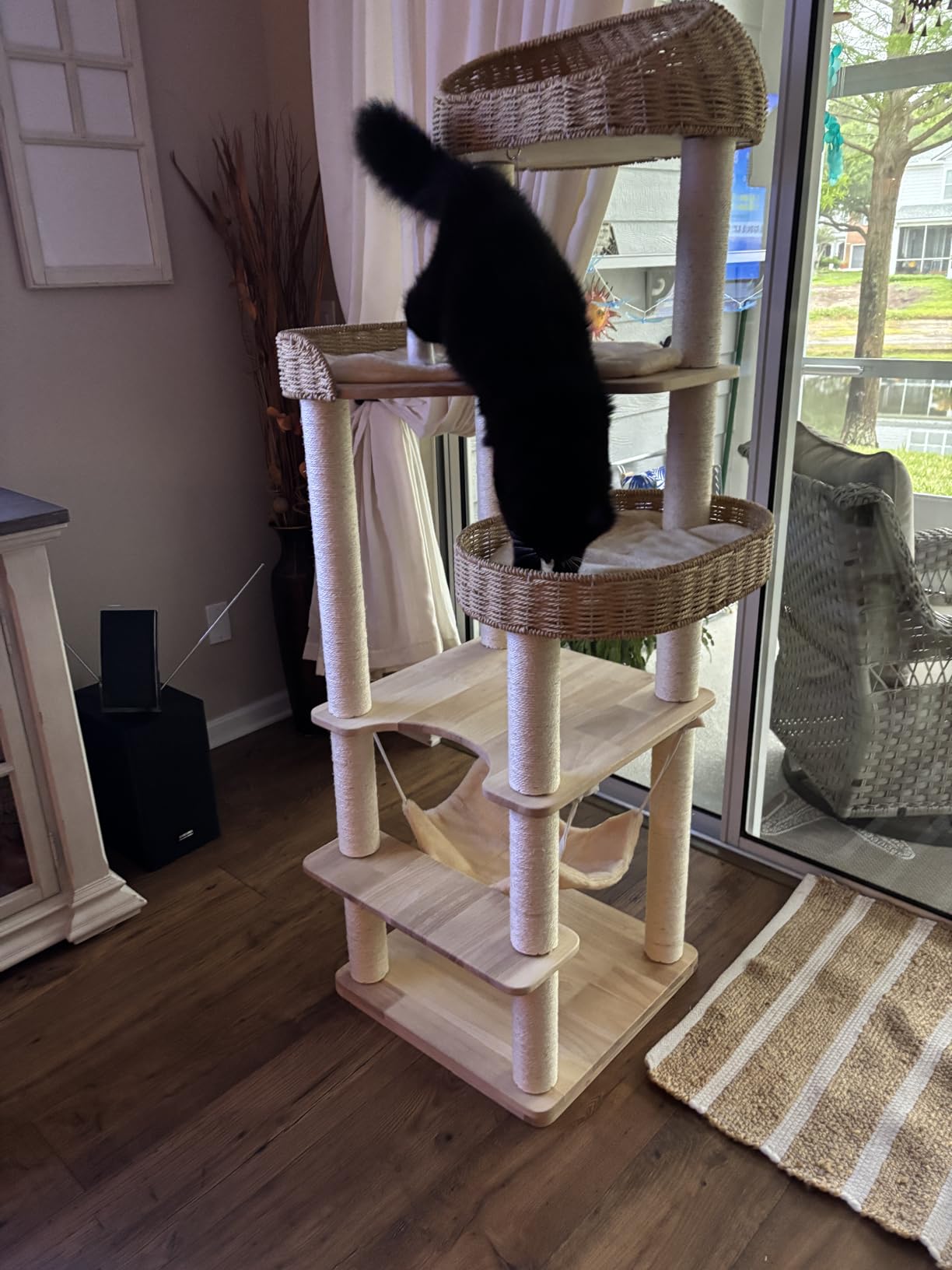 Wooden Cat Tree for Indoor Cats, 62-Inch Tall Cat Tower with Scratching Post for Large Cats, Solid Wood Cat Condo with Handwoven Basket, Modern Cat Tree Tower with Hammock, Easy to Clean customer photo 1