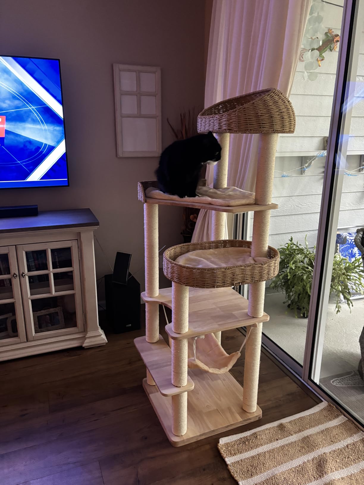Wooden Cat Tree for Indoor Cats, 62-Inch Tall Cat Tower with Scratching Post for Large Cats, Solid Wood Cat Condo with Handwoven Basket, Modern Cat Tree Tower with Hammock, Easy to Clean customer photo 2