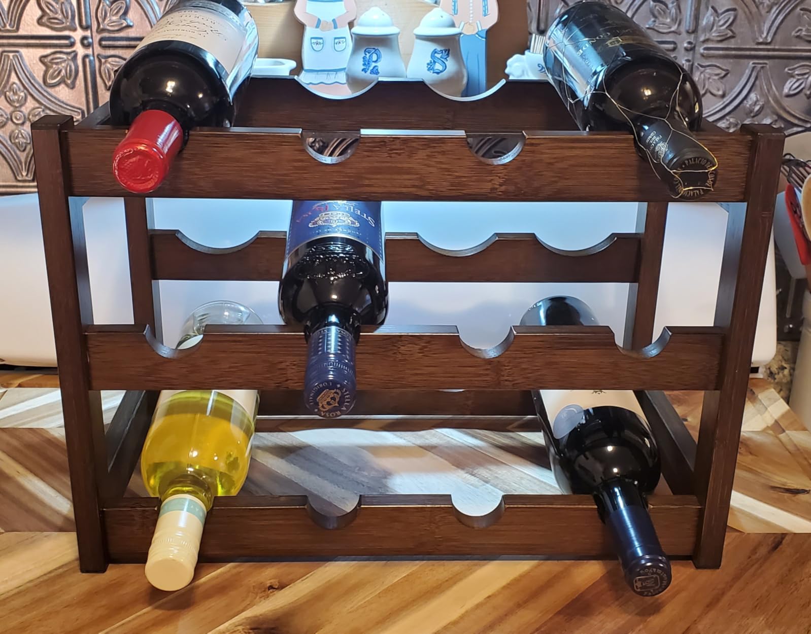 Wine Rack Free Standing Floor, 6-Tier 24 Bottles Display Wine Storage Shelves with Table Top, Easy-Assembly Freestanding Bamboo Wine Racks for Kitchen Dining Room Bar, Walnut customer photo 1