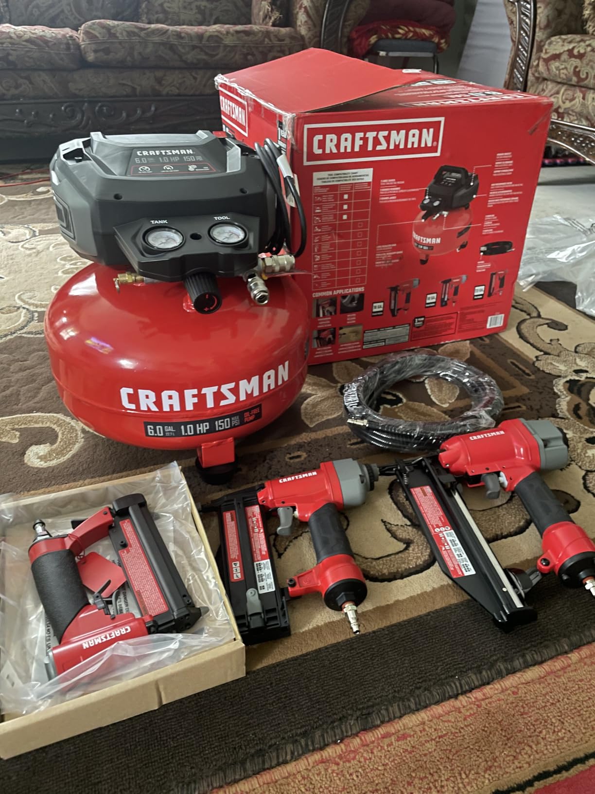 Craftsman 6-Gallon Pancake Air Compressor 4-Tool Combo Kit, 150 PSI, Oil-Free, Includes 16GA Finish Nailer, 18GA Brad Nailer, 23GA Pin Nailer & 25-Ft Air Hose, Model CMXECXA0210641K customer photo 1