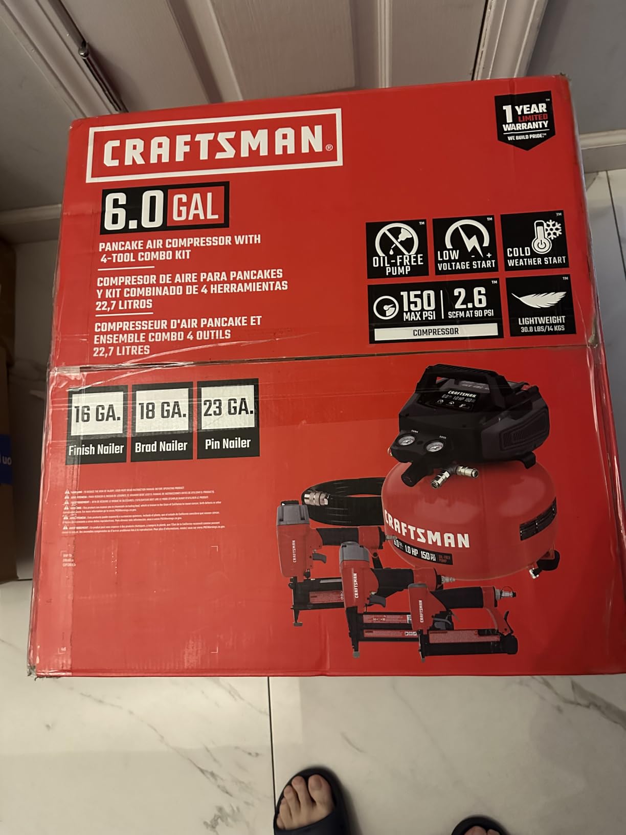 Craftsman 6-Gallon Pancake Air Compressor 4-Tool Combo Kit, 150 PSI, Oil-Free, Includes 16GA Finish Nailer, 18GA Brad Nailer, 23GA Pin Nailer & 25-Ft Air Hose, Model CMXECXA0210641K customer photo 2