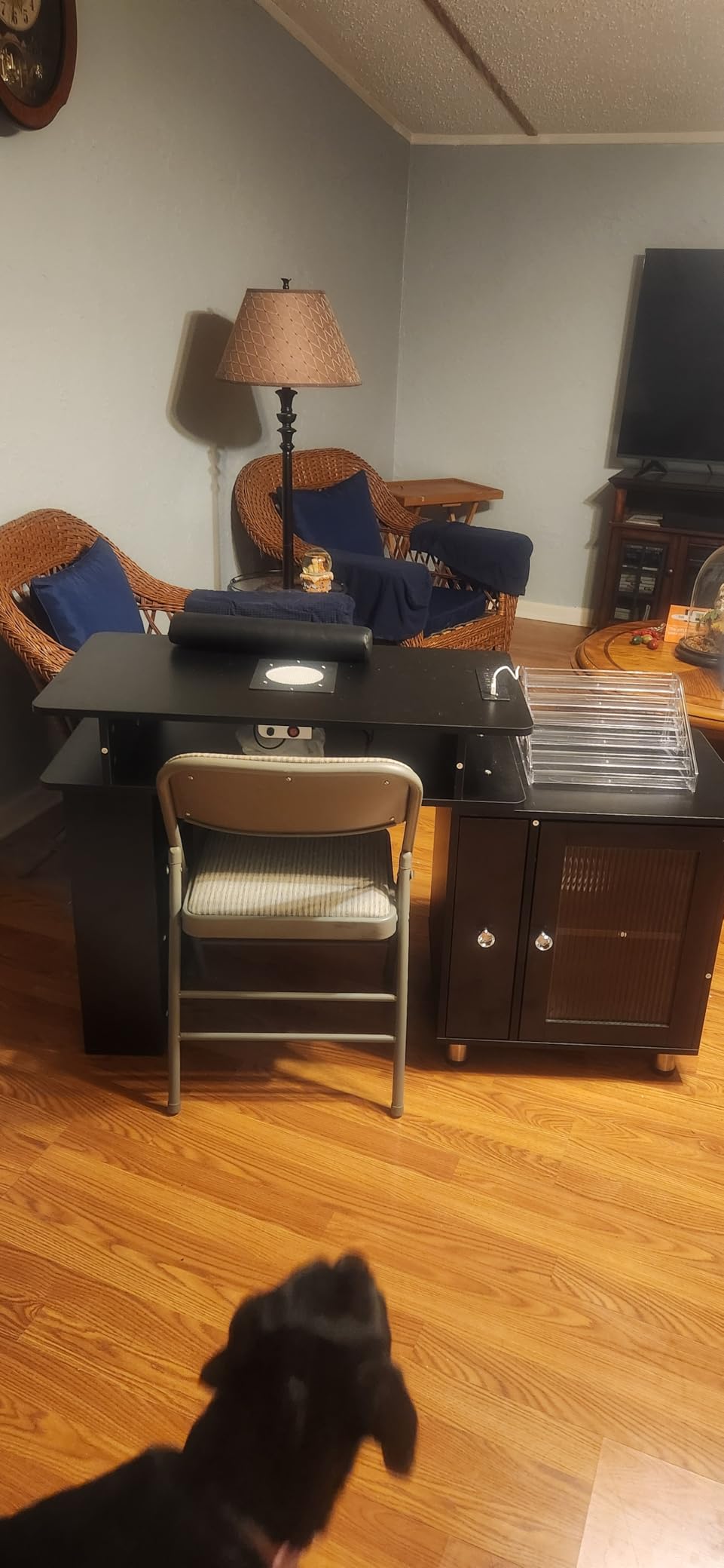 Manicure Table with LED Light & Lamp, Nail Desk Nail Tech Table with Dust Collector & Charging Station, Nail Station with Acrylic Display Rack, Drawers & Glass Door Cabinet (White) customer photo 2