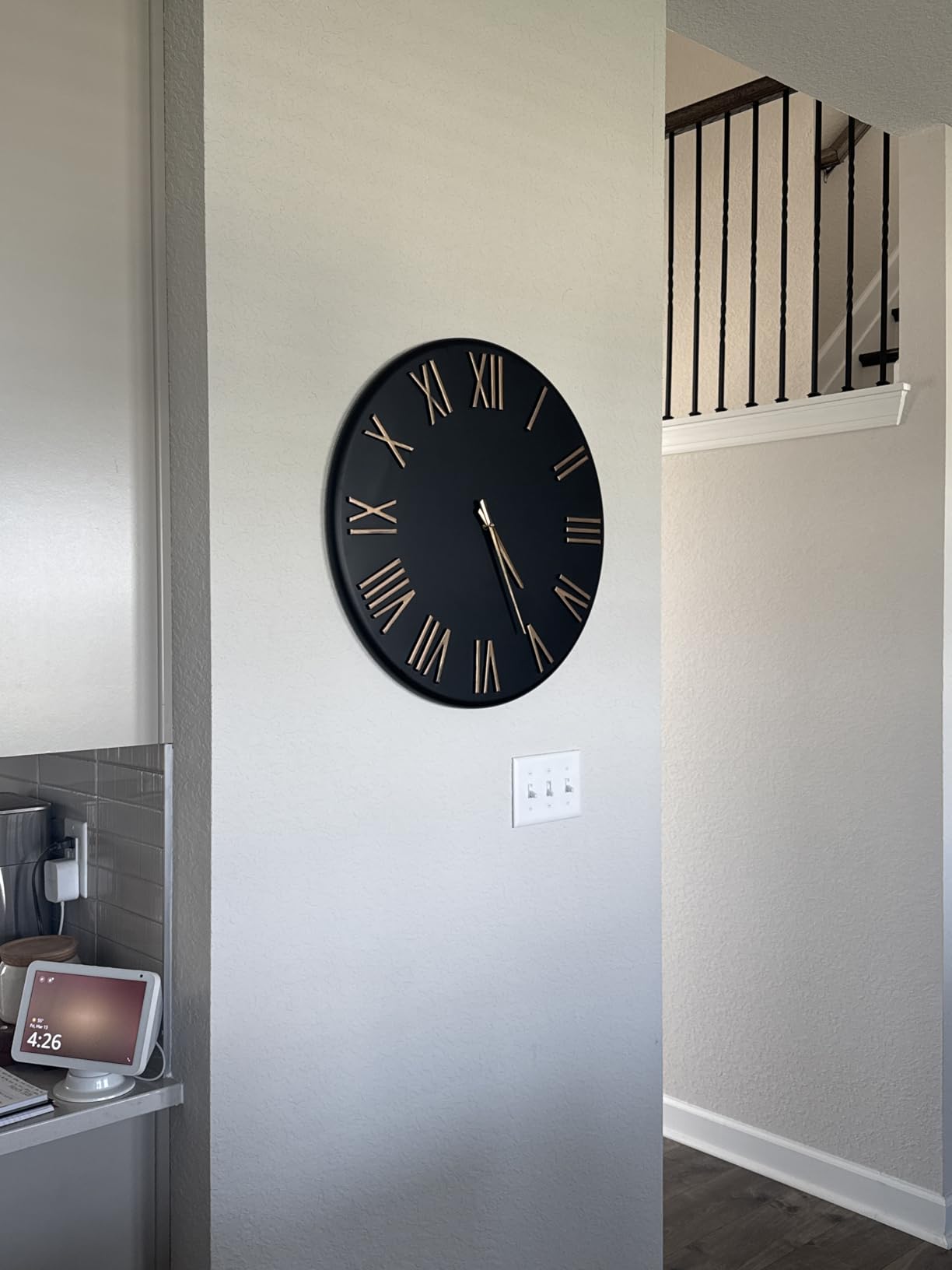 Large Modern Wall Clock - 24 inch, Matte Black Metal Face, Distressed Gold Roman Numerals, Battery Operated, Contemporary Style for Living Room, Kitchen, Dining Room Decor customer photo 1